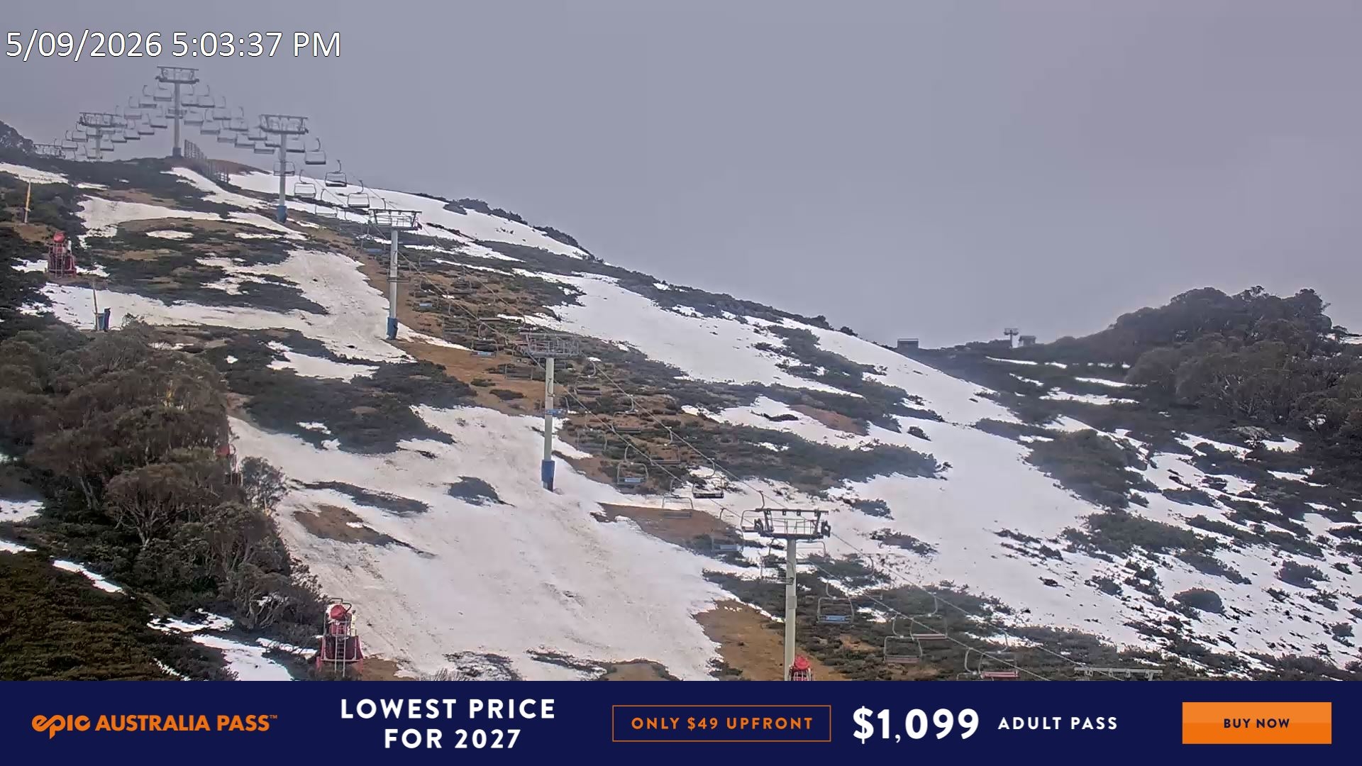 Falls Creek Scott Chair (Top) snow cam captured at 5 September 2026 at 5:11 pm AEST