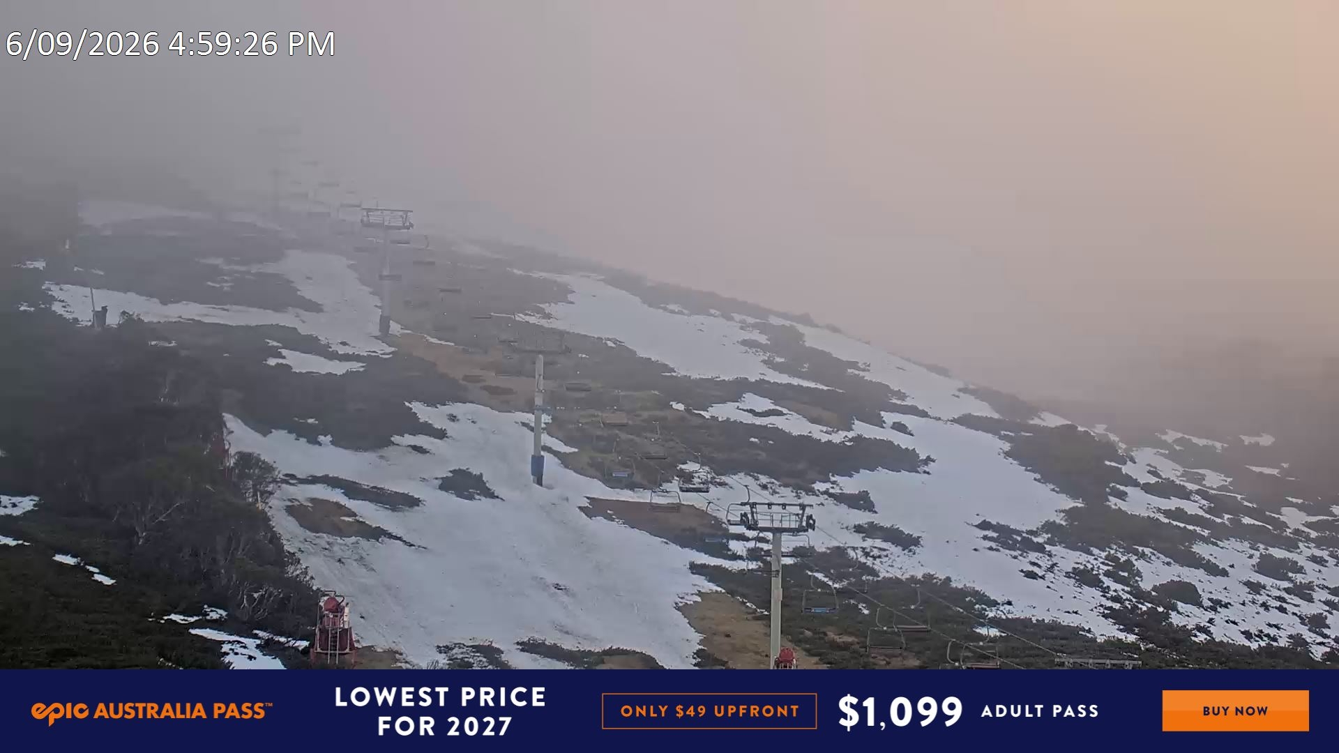 Falls Creek Scott Chair (Top) snow cam captured at 6 September 2026 at 5:01 pm AEST