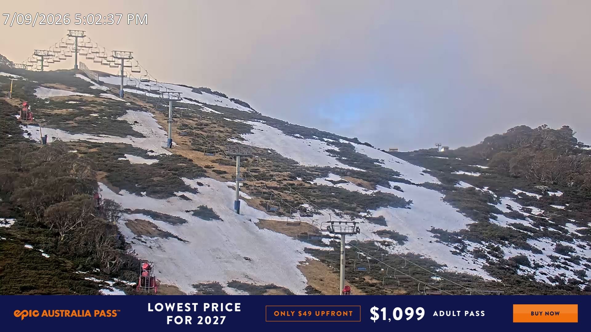 Falls Creek Scott Chair (Top) snow cam captured at 7 September 2026 at 5:10 pm AEST