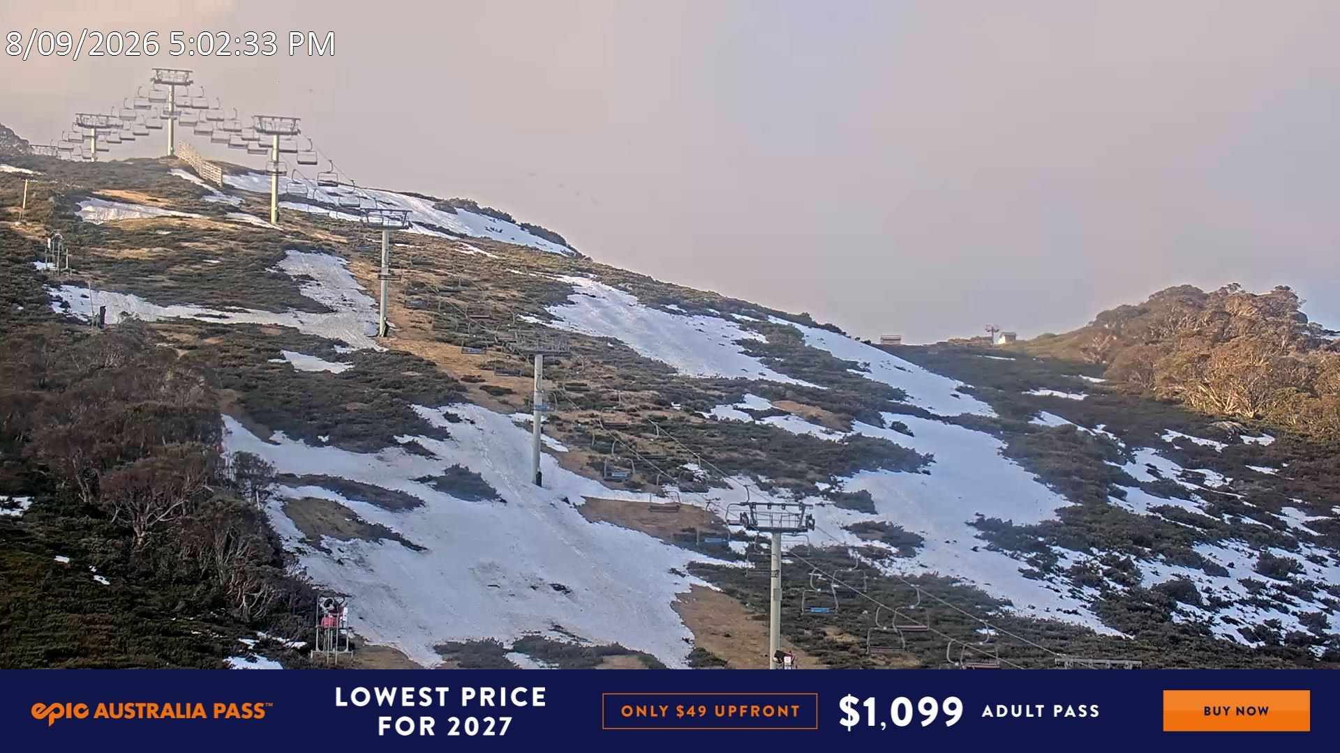 Falls Creek Scott Chair (Top) snow cam captured at 8 September 2026 at 5:11 pm AEST