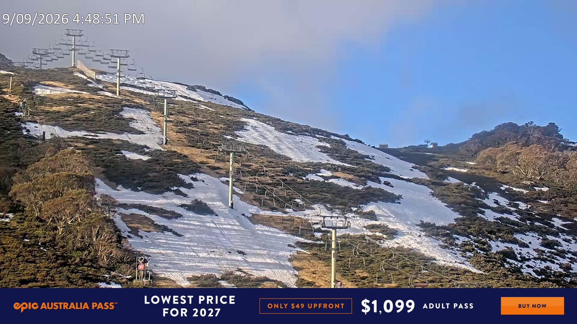 Falls Creek Scott Chair (Top) snow cam captured at 9 September 2026 at 4:50 pm AEST
