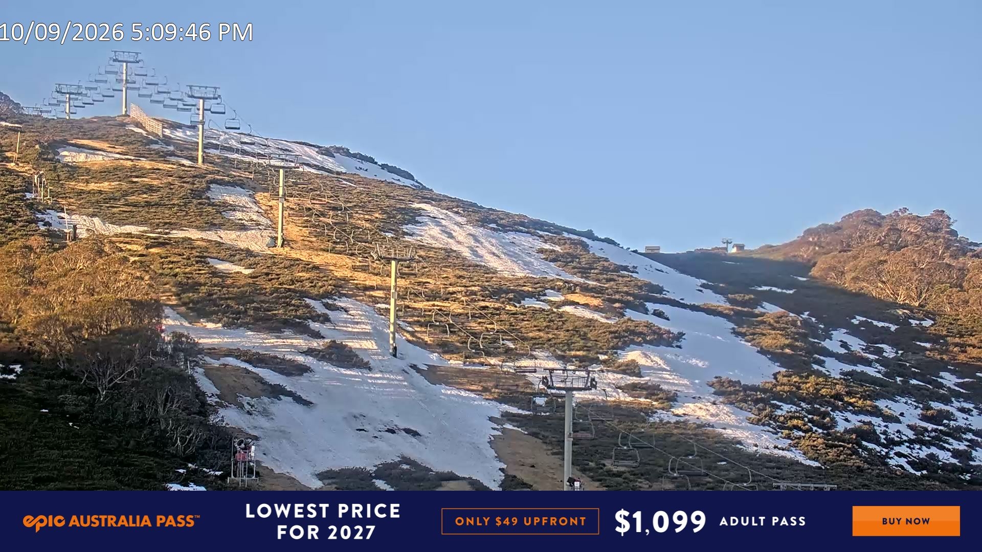Falls Creek Scott Chair (Top) snow cam captured at 10 September 2026 at 5:12 pm AEST