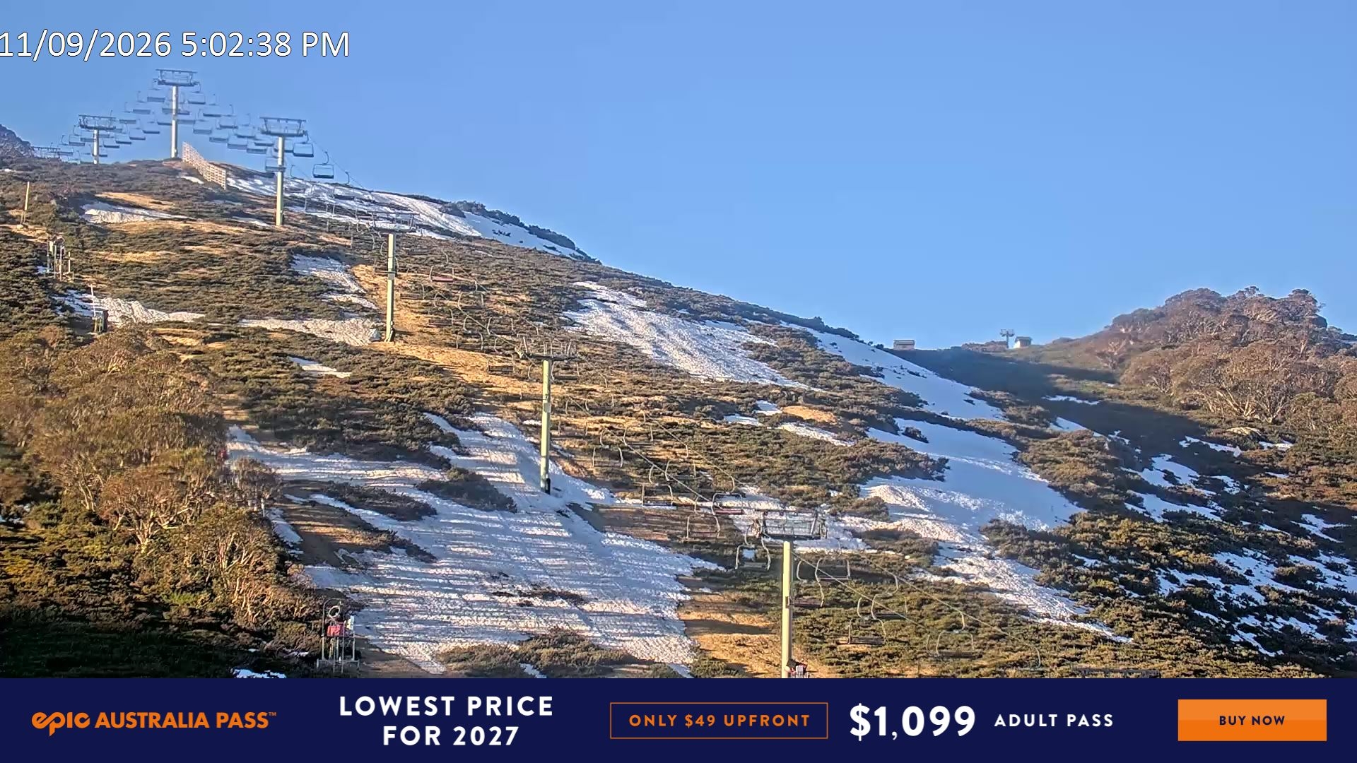 Falls Creek Scott Chair (Top) snow cam captured at 11 September 2026 at 5:11 pm AEST