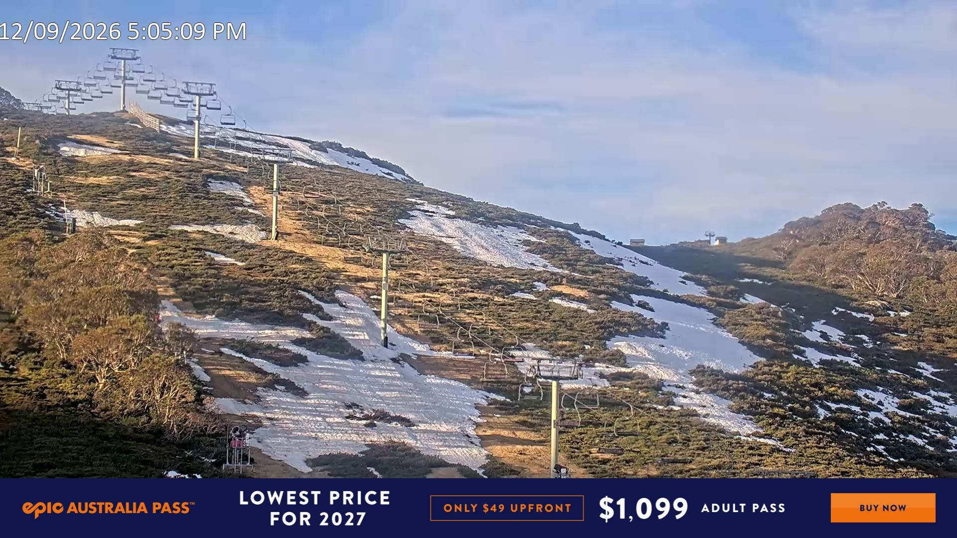 Falls Creek Scott Chair (Top) snow cam captured at 12 September 2026 at 5:11 pm AEST