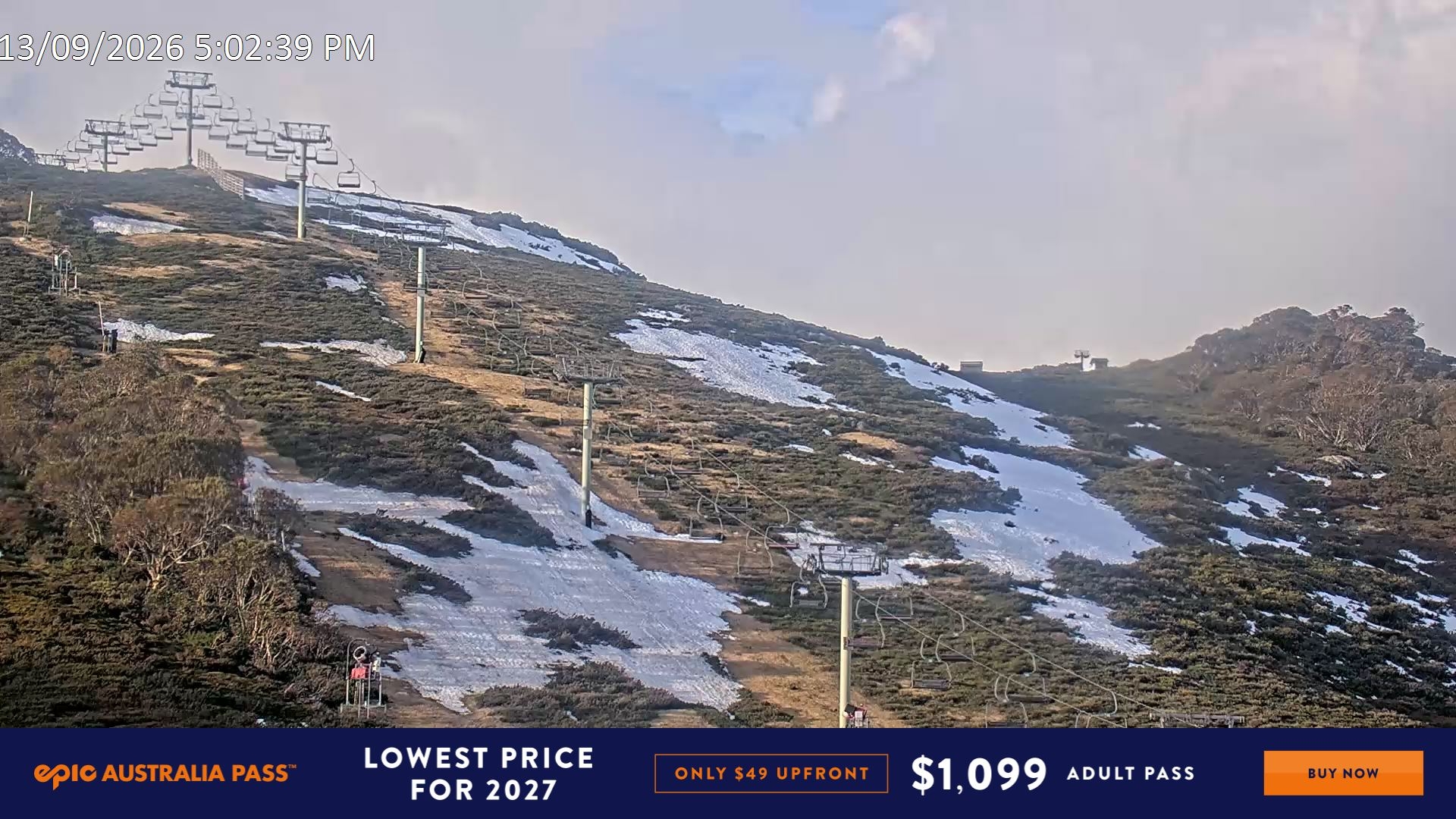 Falls Creek Scott Chair (Top) snow cam captured at 13 September 2026 at 5:13 pm AEST