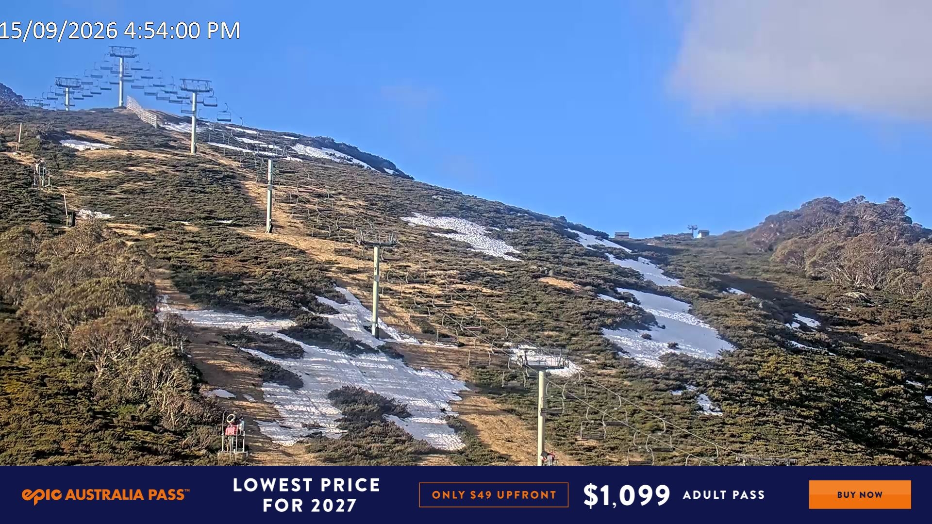 Falls Creek Scott Chair (Top) snow cam captured at 15 September 2026 at 5:04 pm AEST