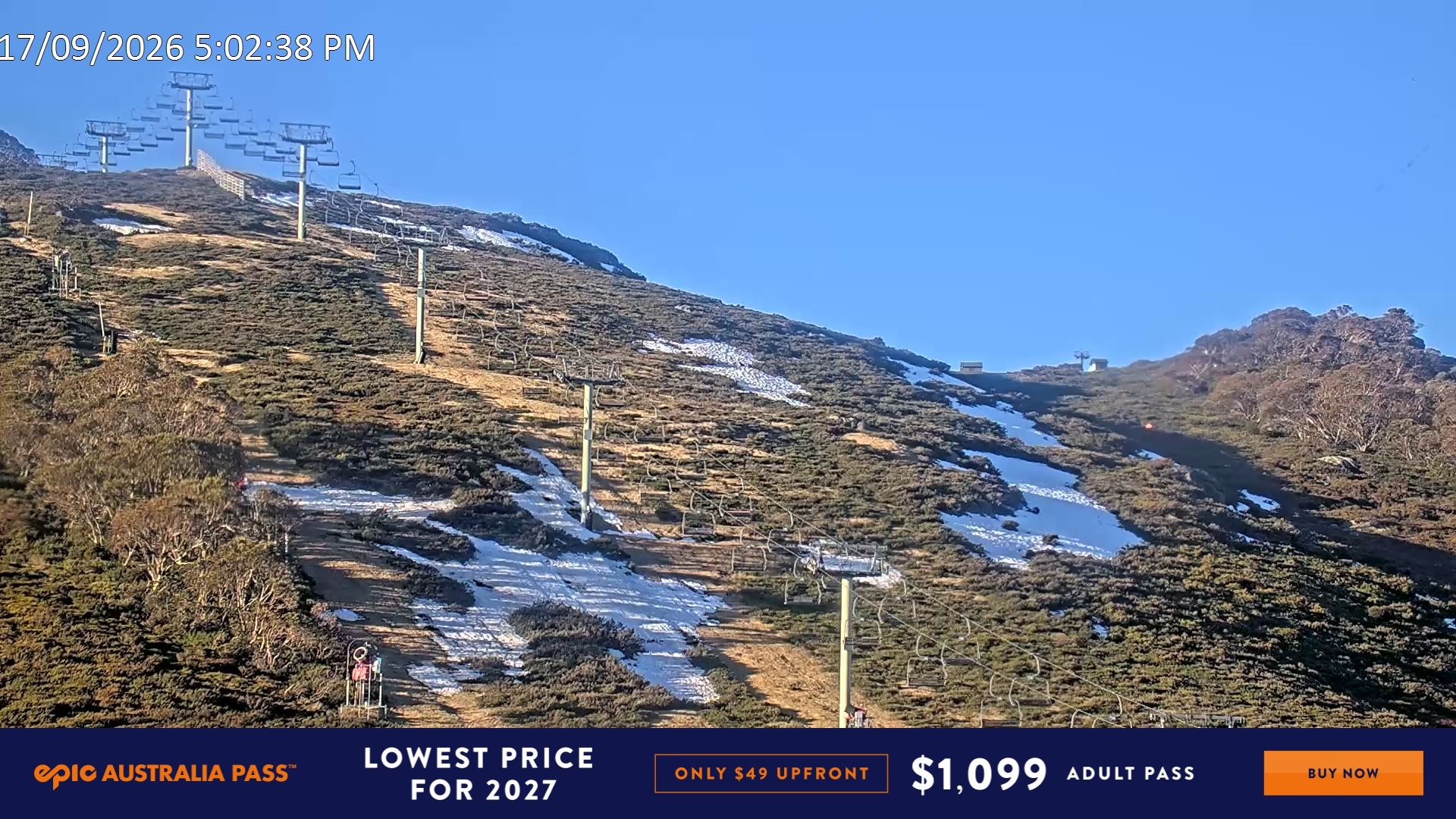 Falls Creek Scott Chair (Top) snow cam captured at 17 September 2026 at 5:19 pm AEST