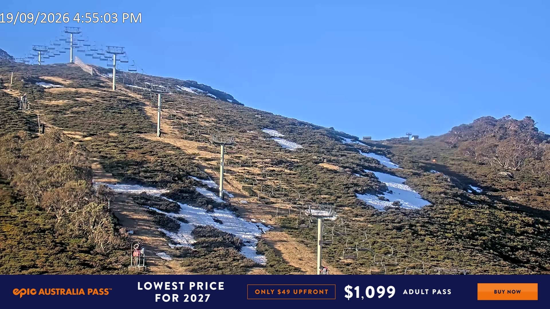 Falls Creek Scott Chair (Top) snow cam captured at 19 September 2026 at 5:00 pm AEST
