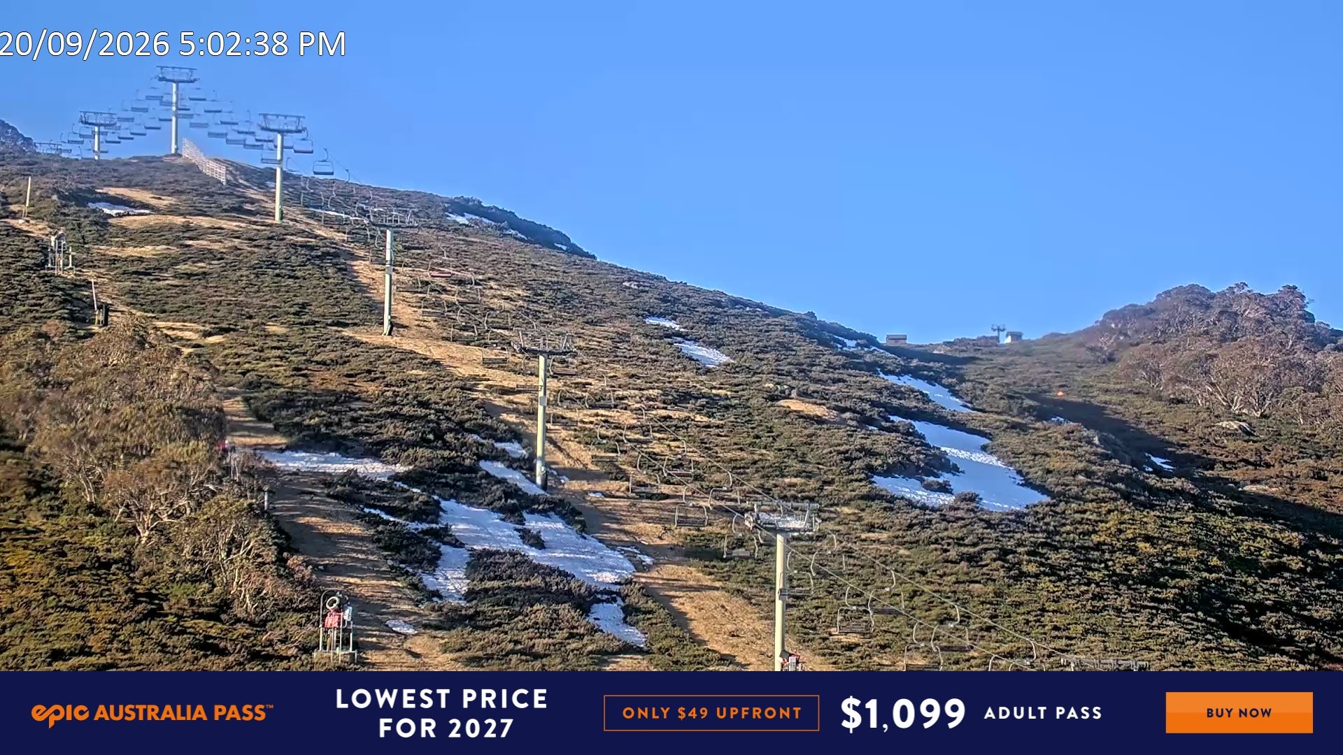 Falls Creek Scott Chair (Top) snow cam captured at 20 September 2026 at 5:13 pm AEST