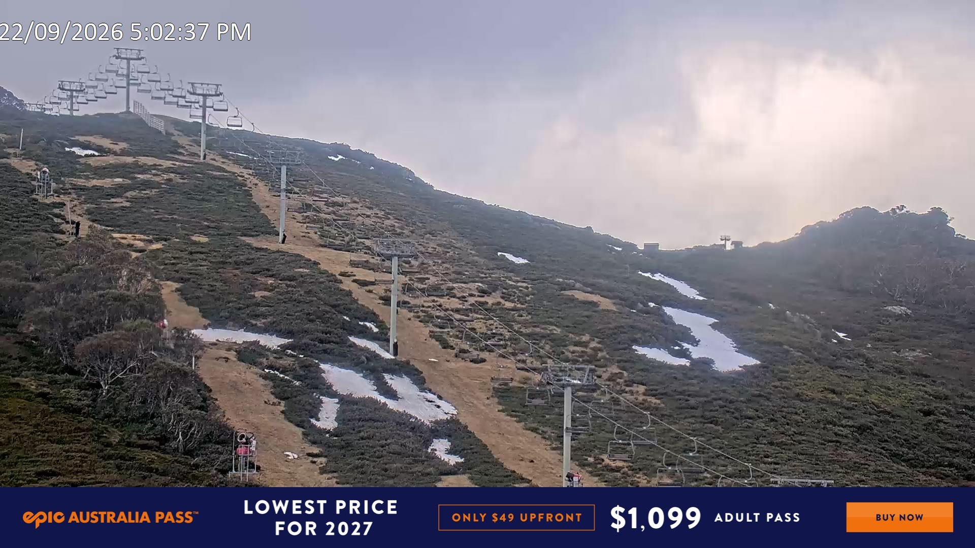 Falls Creek Scott Chair (Top) snow cam captured at 22 September 2026 at 5:14 pm AEST