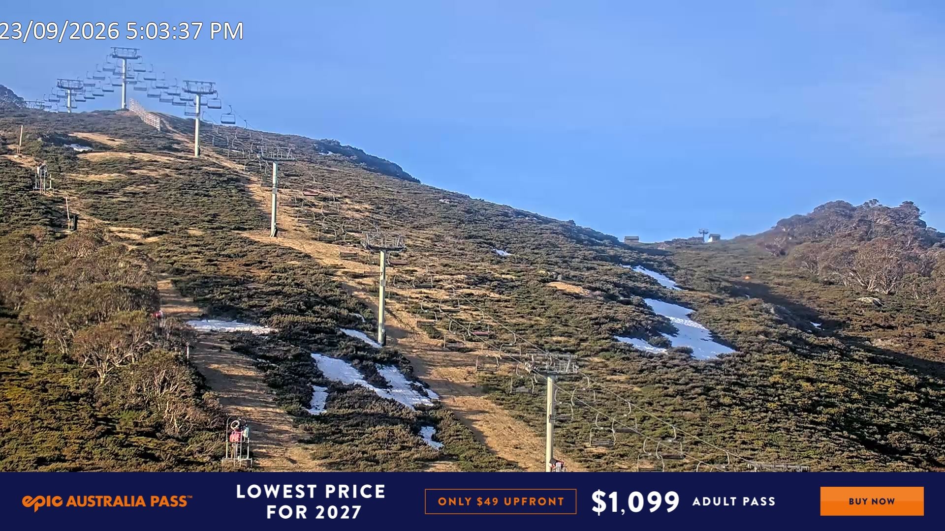 Falls Creek Scott Chair (Top) snow cam captured at 23 September 2026 at 5:15 pm AEST