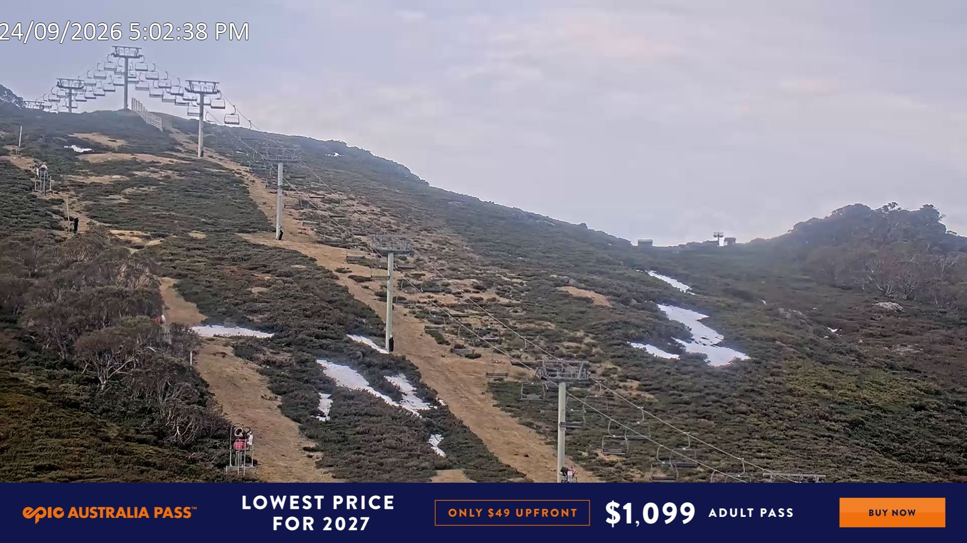 Falls Creek Scott Chair (Top) snow cam captured at 24 September 2026 at 5:16 pm AEST