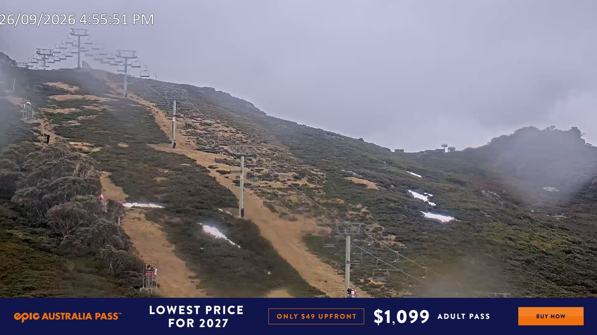 Falls Creek Scott Chair (Top) snow cam captured at 26 September 2026 at 5:01 pm AEST
