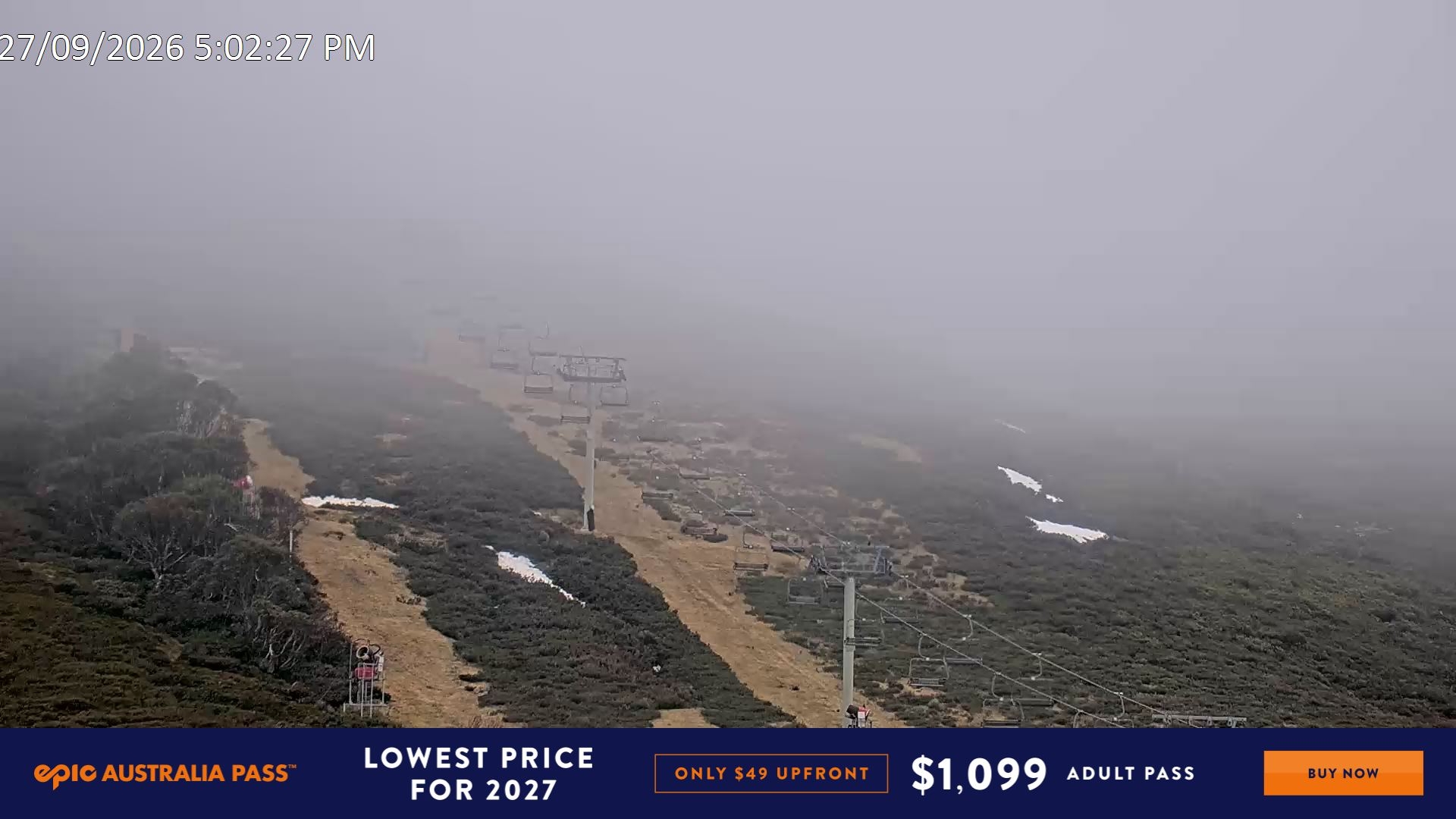 Falls Creek Scott Chair (Top) snow cam captured at 27 September 2026 at 6:18 pm AEST
