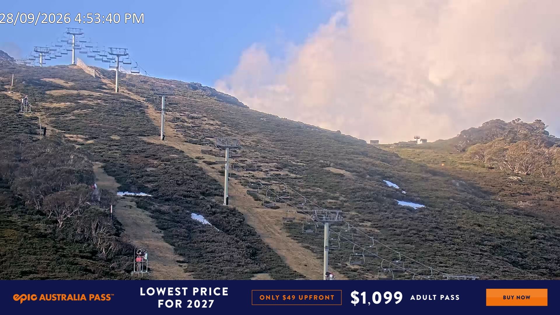 Falls Creek Scott Chair (Top) snow cam captured at 28 September 2026 at 5:08 pm AEST