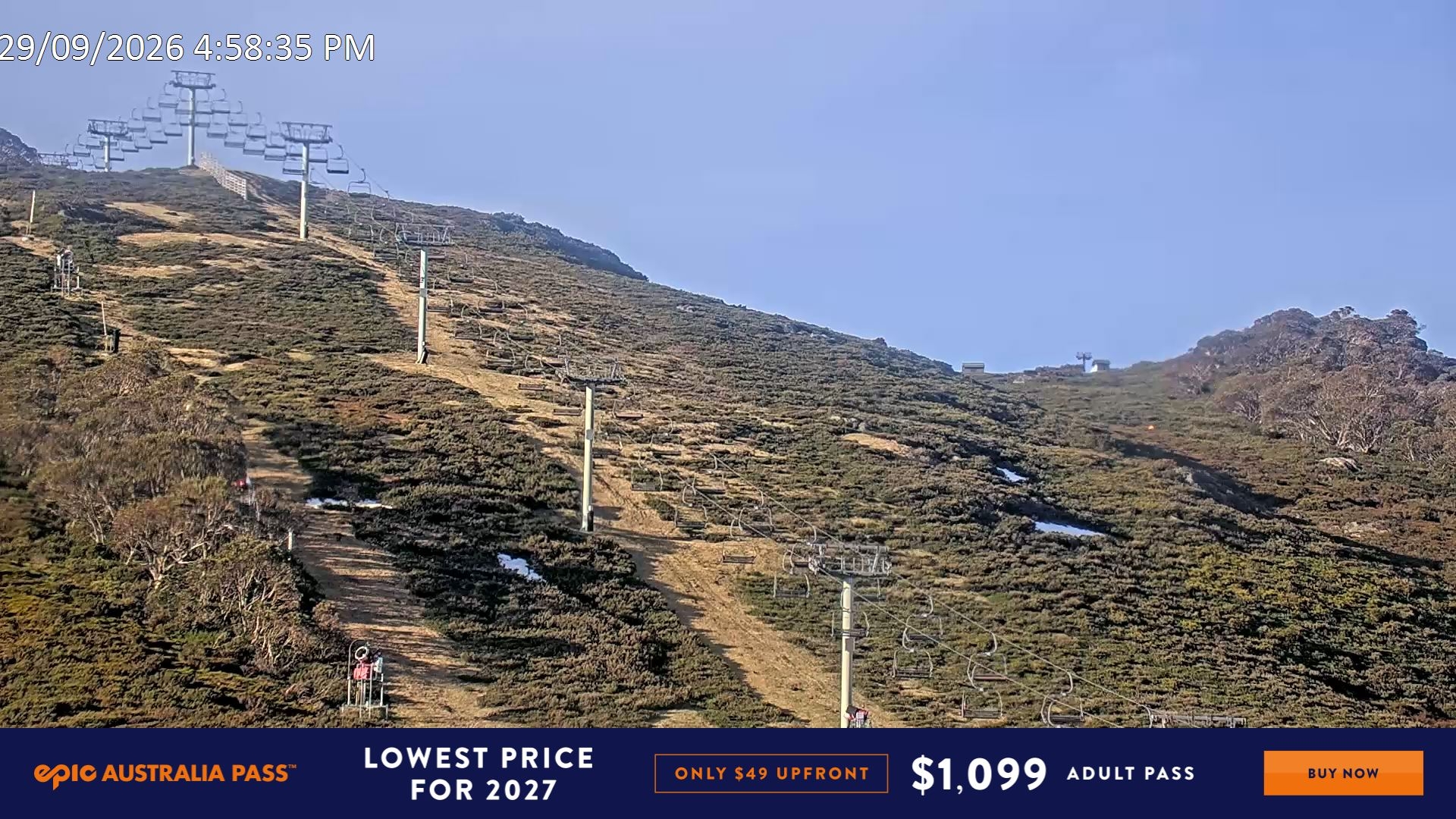 Falls Creek Scott Chair (Top) snow cam captured at 29 September 2026 at 5:02 pm AEST