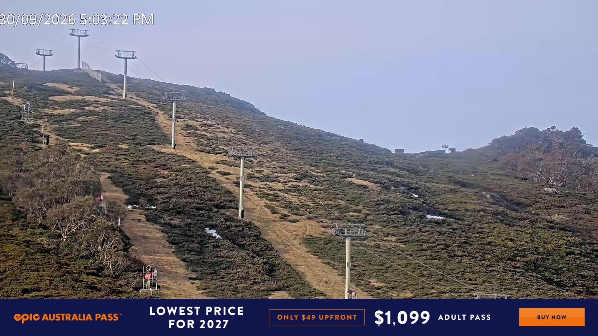 Falls Creek Scott Chair (Top) snow cam captured at 30 September 2026 at 5:18 pm AEST
