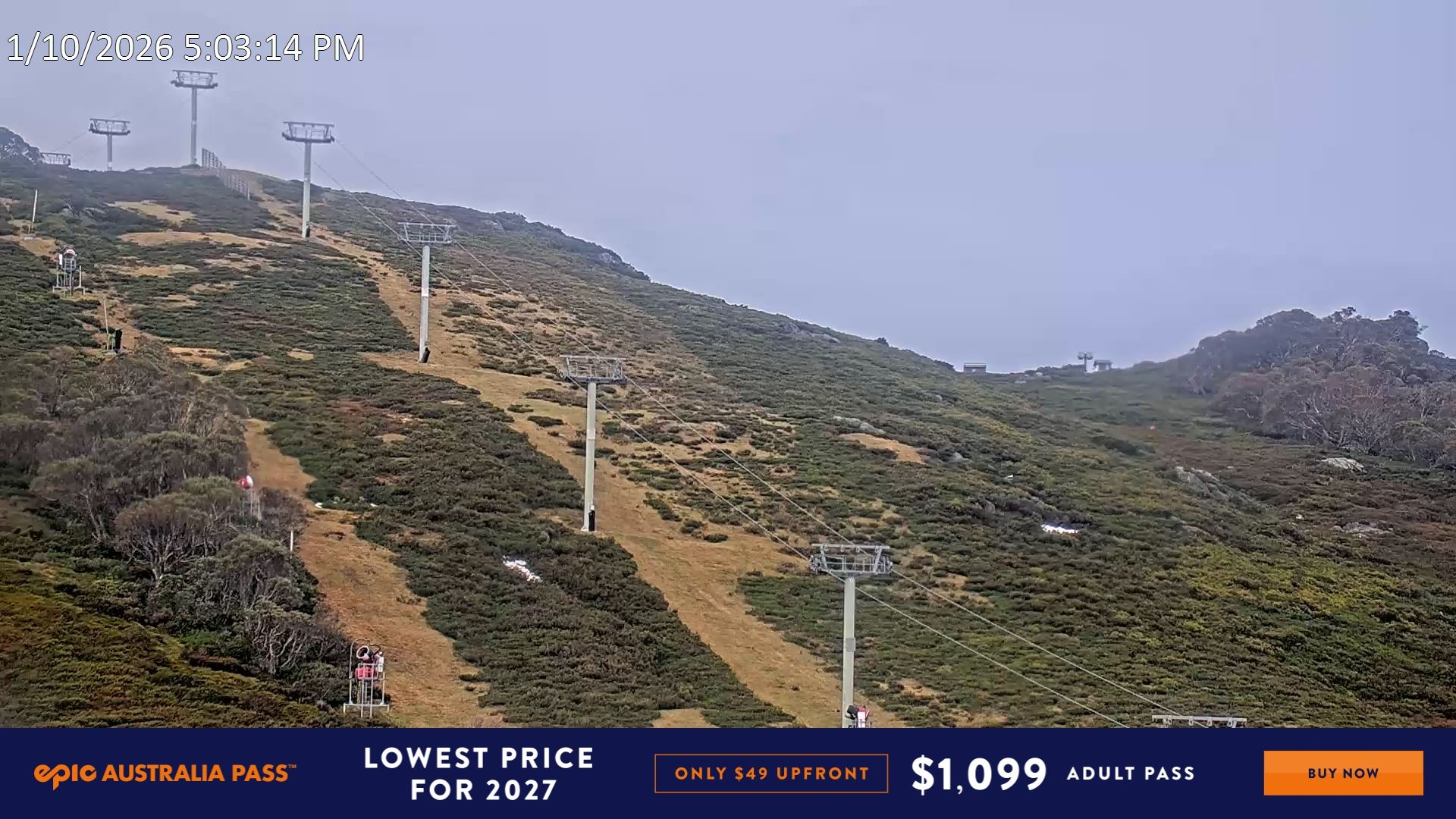 Falls Creek Scott Chair (Top) snow cam captured at 1 October 2026 at 5:18 pm AEST