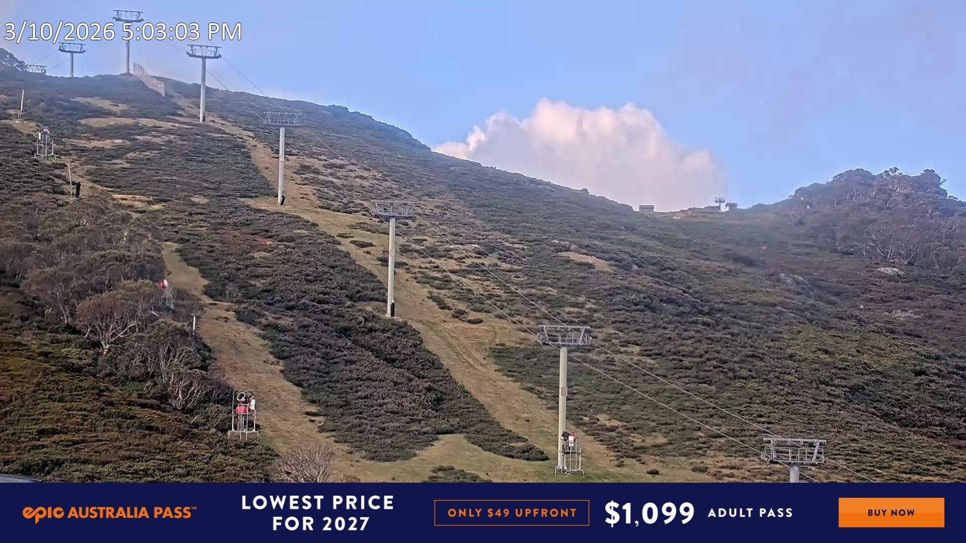 Falls Creek Scott Chair (Top) snow cam captured at 3 October 2026 at 5:21 pm AEST