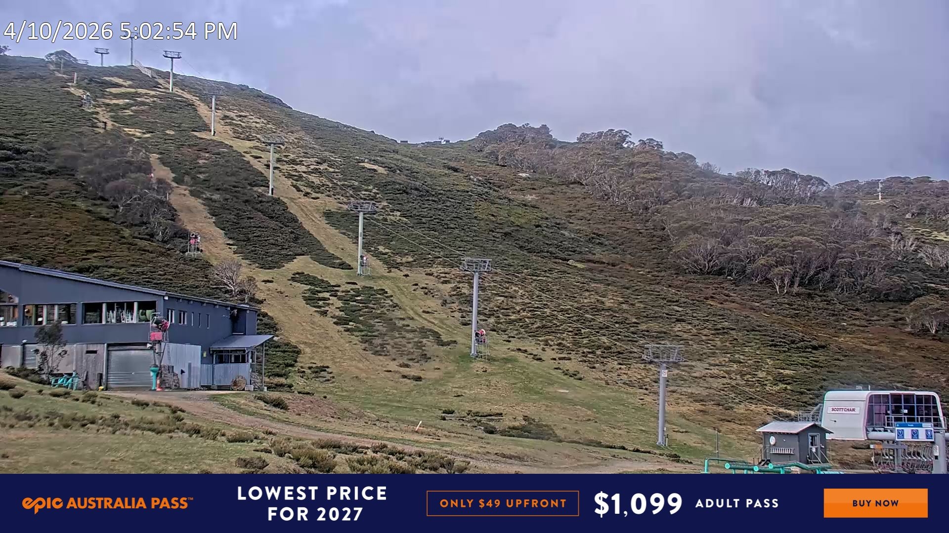 Falls Creek Scott Chair (Top) snow cam captured at 4 October 2026 at 5:14 pm AEDT