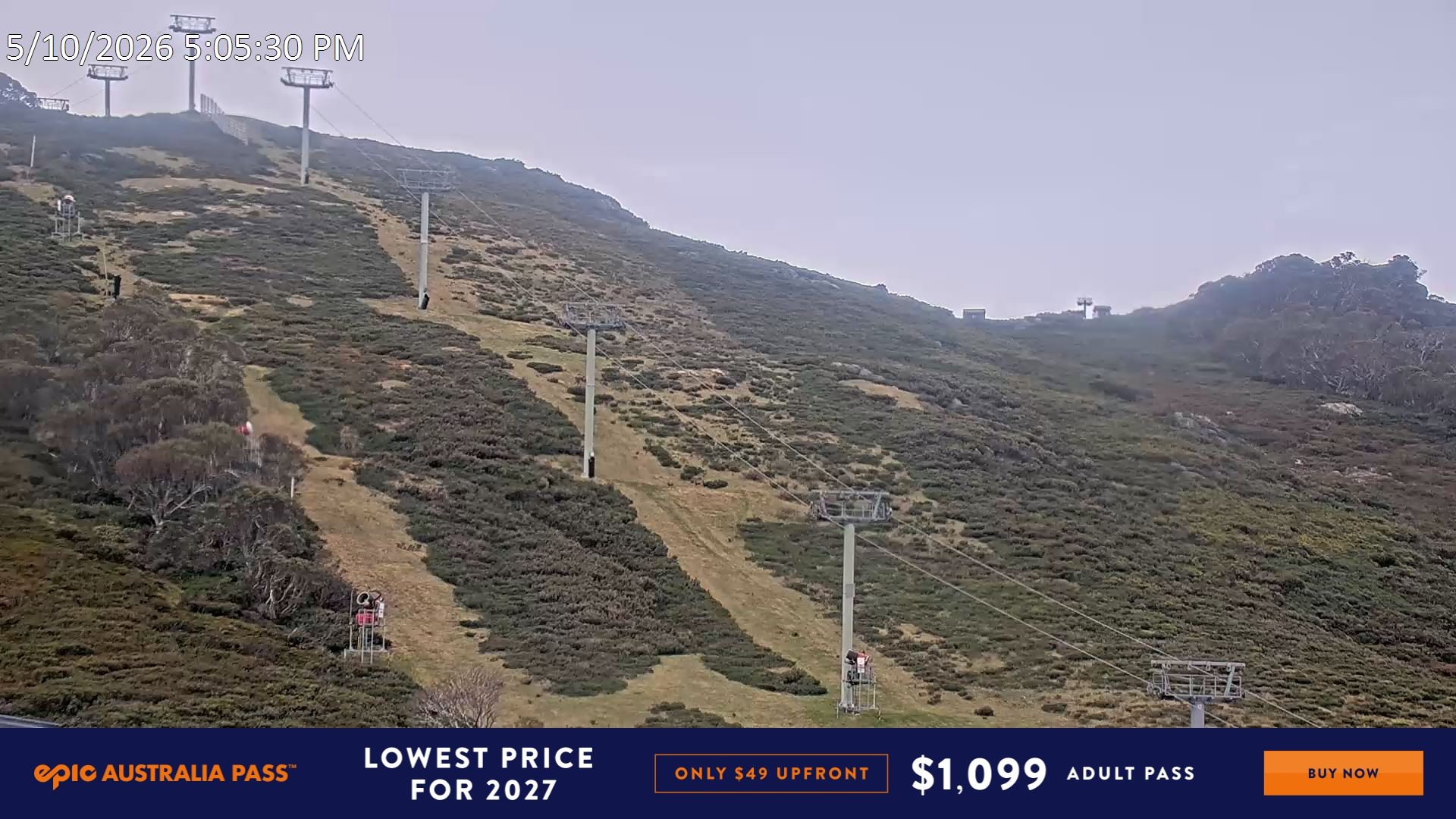 Falls Creek Scott Chair (Top) snow cam captured at 5 October 2026 at 5:10 pm AEDT