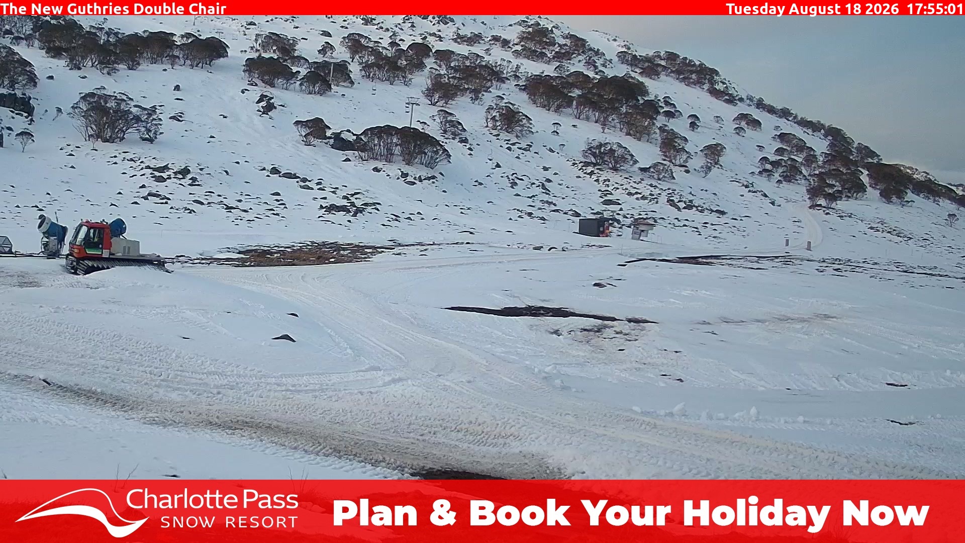Charlotte Pass Guthries Double Chair snow cam captured at 18 August 2026 at 5:57 pm AEST