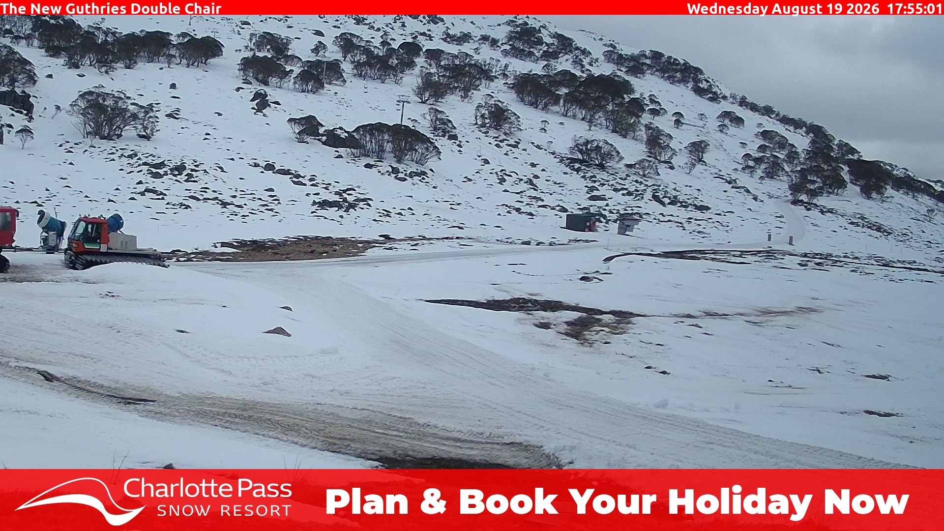 Charlotte Pass Guthries Double Chair snow cam captured at 19 August 2026 at 6:01 pm AEST