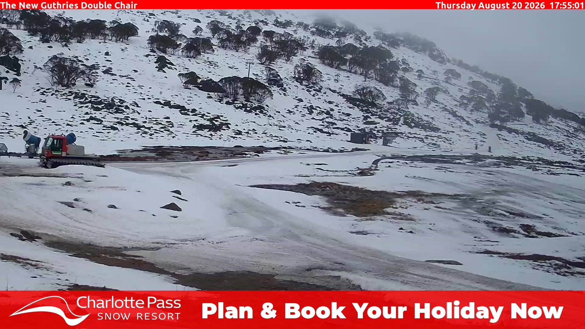 Charlotte Pass Guthries Double Chair snow cam captured at 20 August 2026 at 6:02 pm AEST