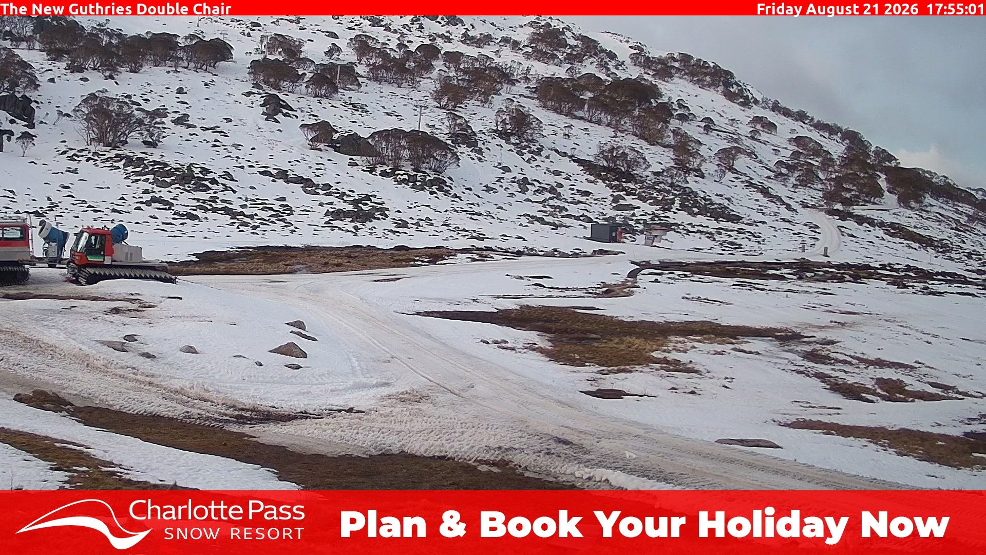 Charlotte Pass Guthries Double Chair snow cam captured at 21 August 2026 at 6:03 pm AEST