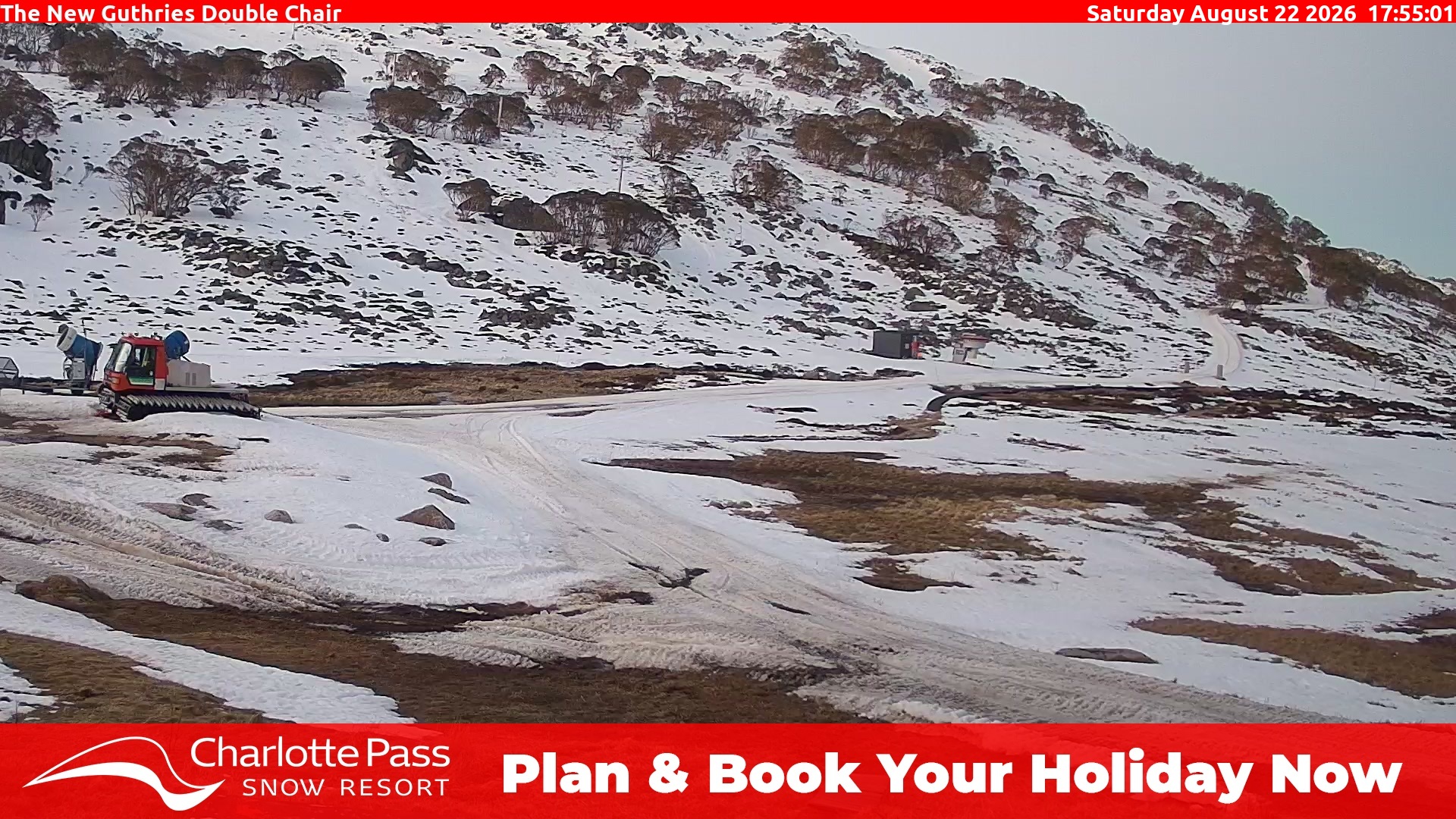 Charlotte Pass Guthries Double Chair snow cam captured at 22 August 2026 at 6:04 pm AEST