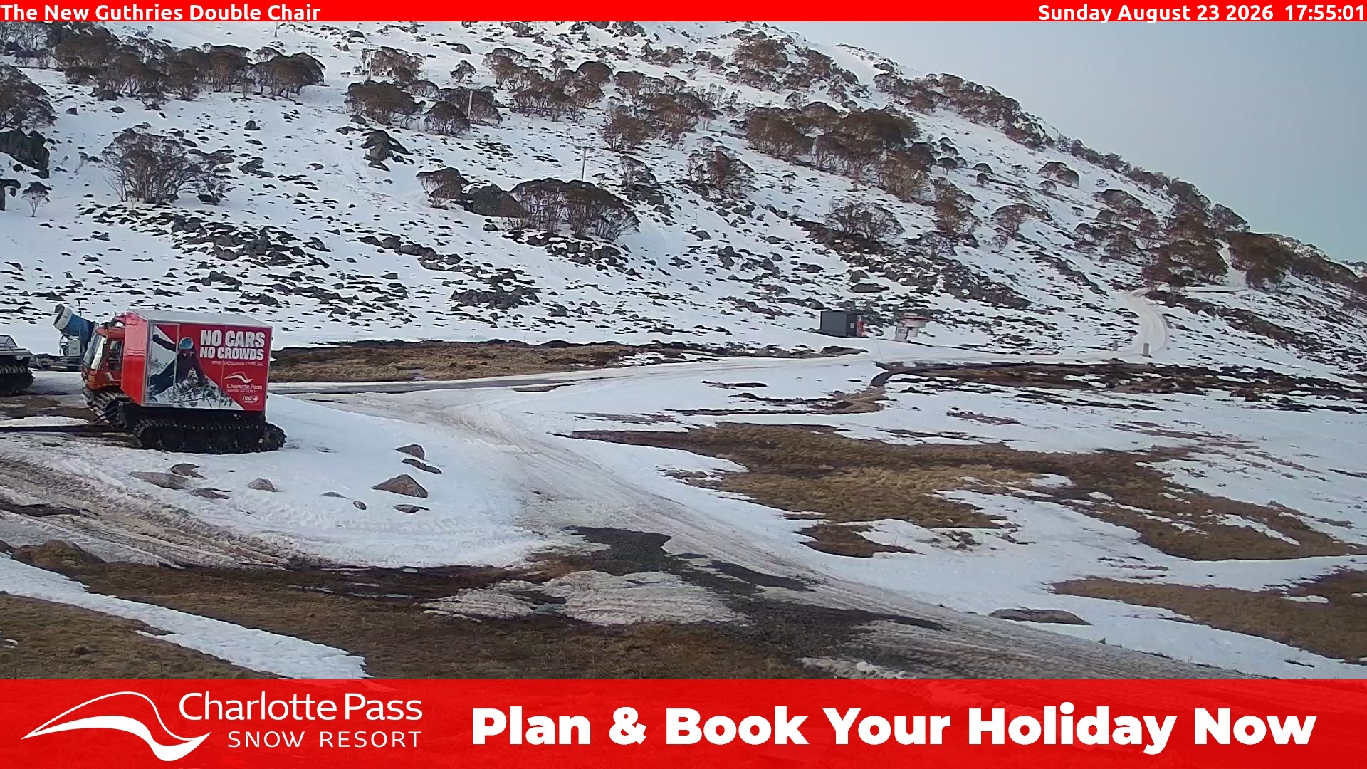 Charlotte Pass Guthries Double Chair snow cam captured at 23 August 2026 at 6:05 pm AEST