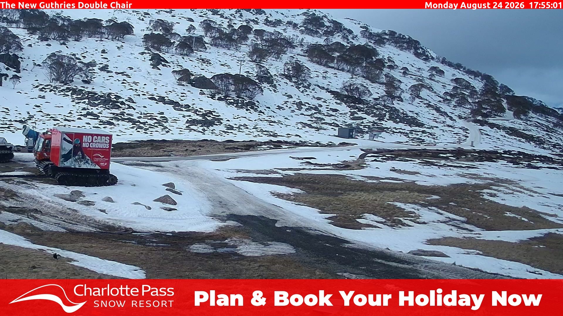 Charlotte Pass Guthries Double Chair snow cam captured at 24 August 2026 at 6:06 pm AEST