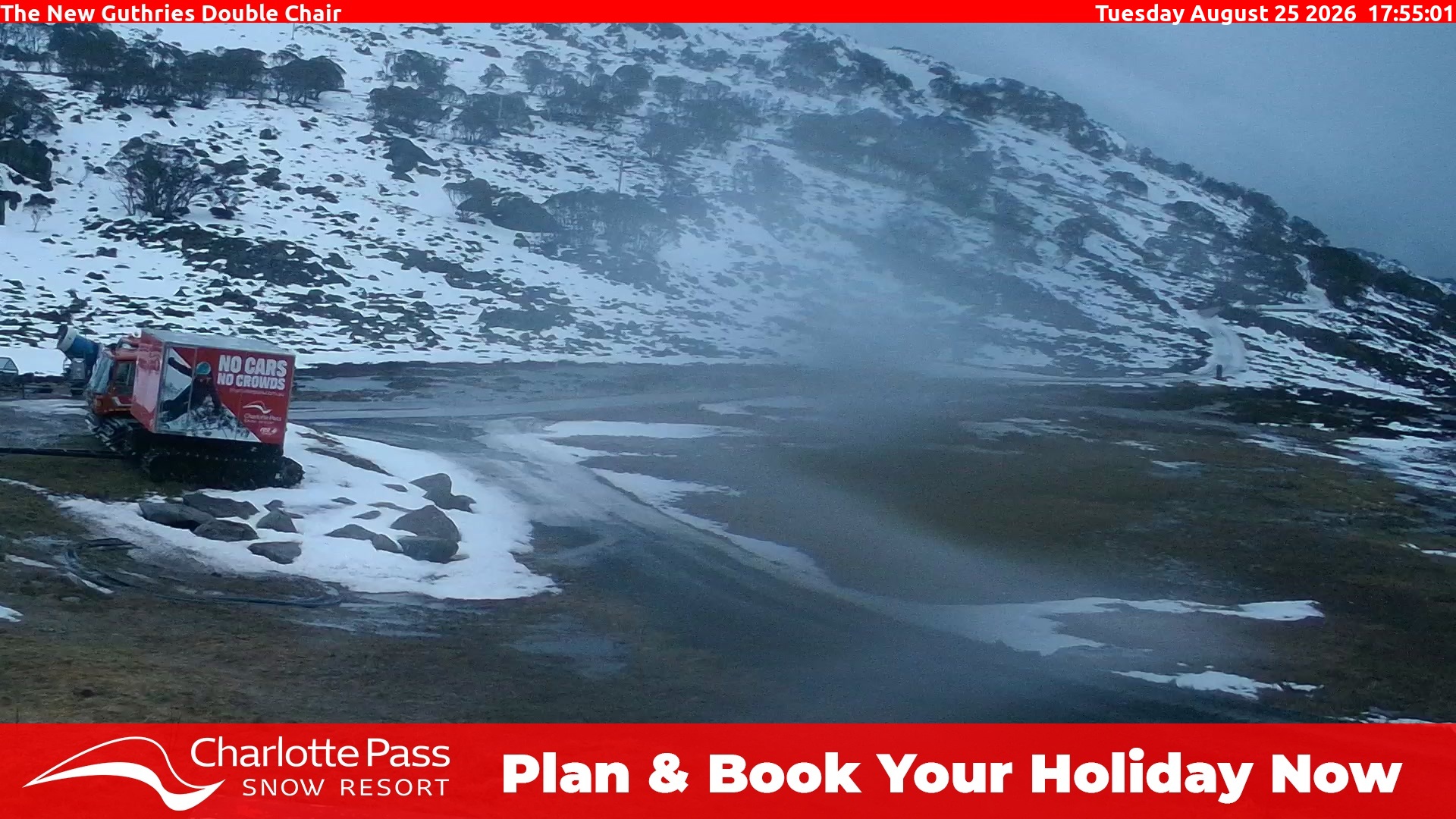 Charlotte Pass Guthries Double Chair snow cam captured at 25 August 2026 at 6:07 pm AEST