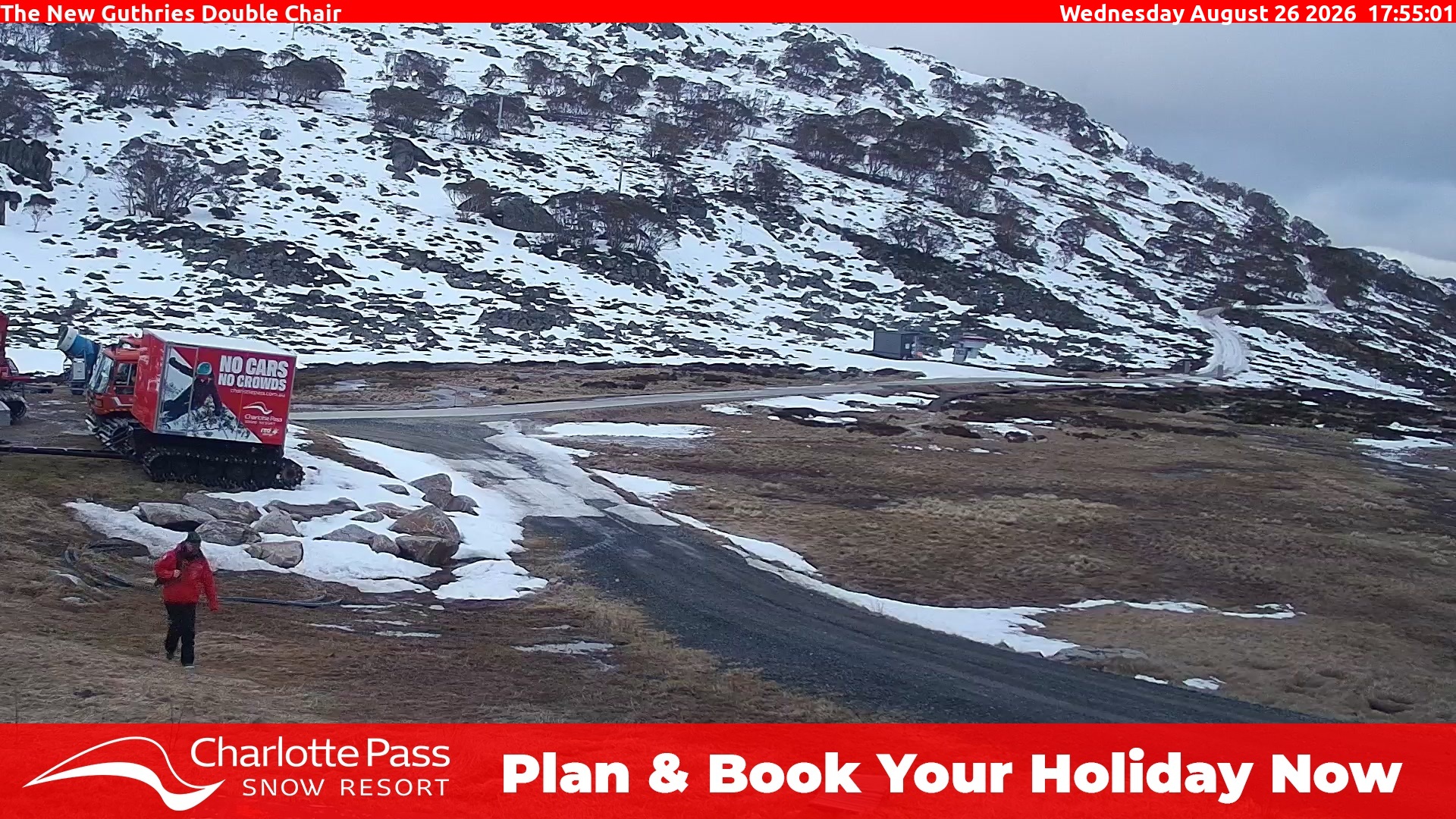 Charlotte Pass Guthries Double Chair snow cam captured at 26 August 2026 at 5:57 pm AEST