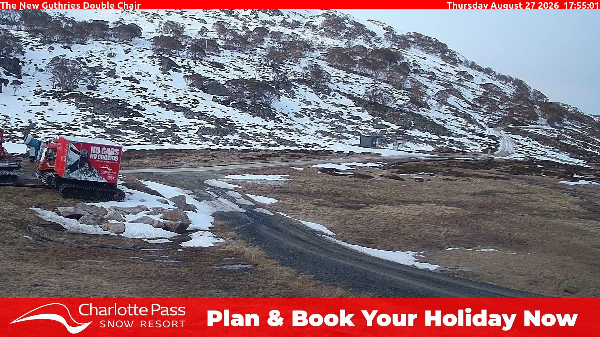 Charlotte Pass Guthries Double Chair snow cam captured at 27 August 2026 at 5:58 pm AEST