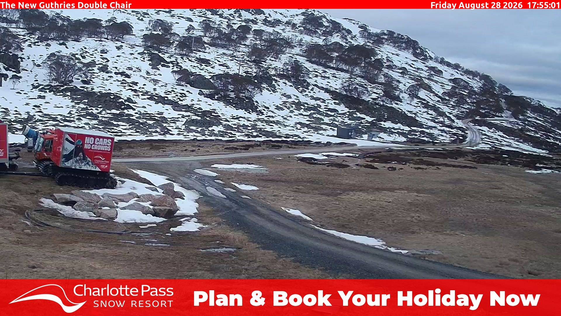 Charlotte Pass Guthries Double Chair snow cam captured at 28 August 2026 at 6:00 pm AEST