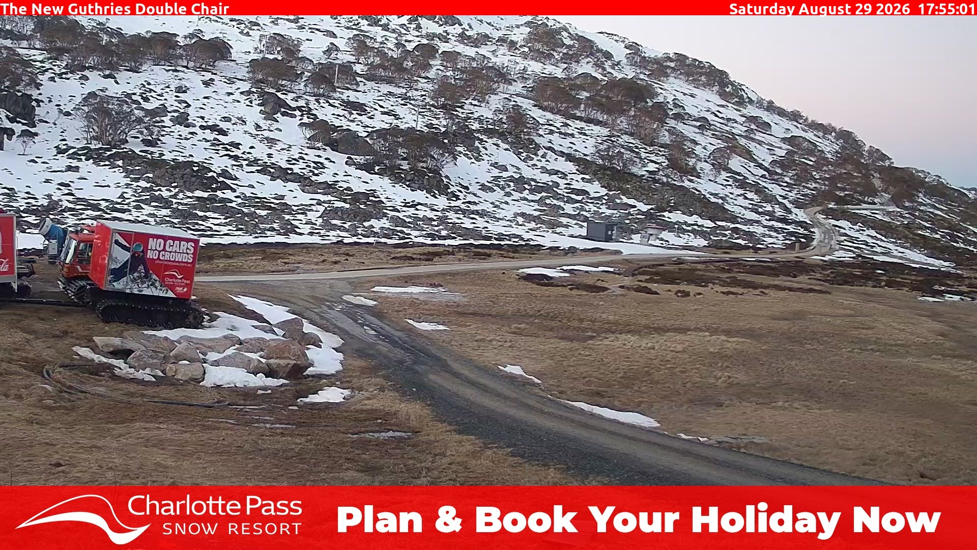 Charlotte Pass Guthries Double Chair snow cam captured at 29 August 2026 at 6:02 pm AEST