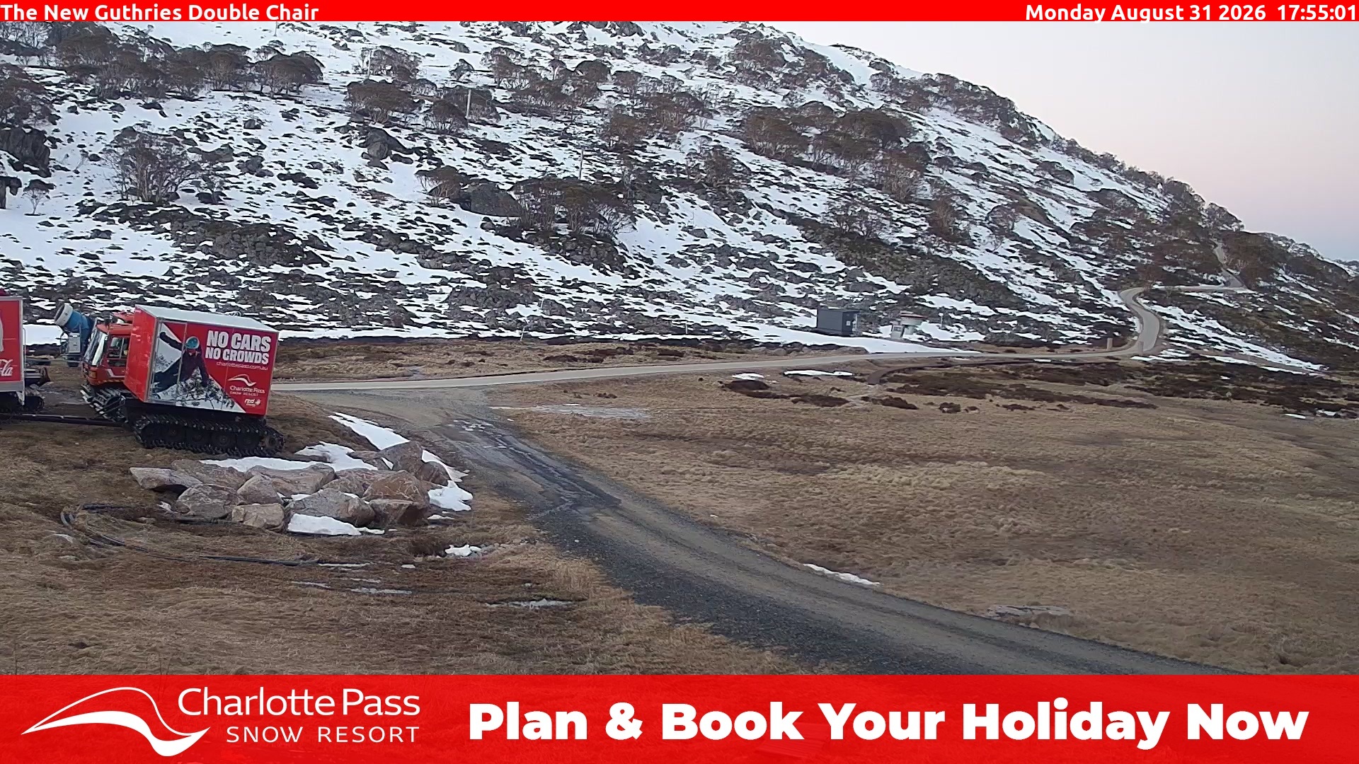 Charlotte Pass Guthries Double Chair snow cam captured at 31 August 2026 at 6:04 pm AEST