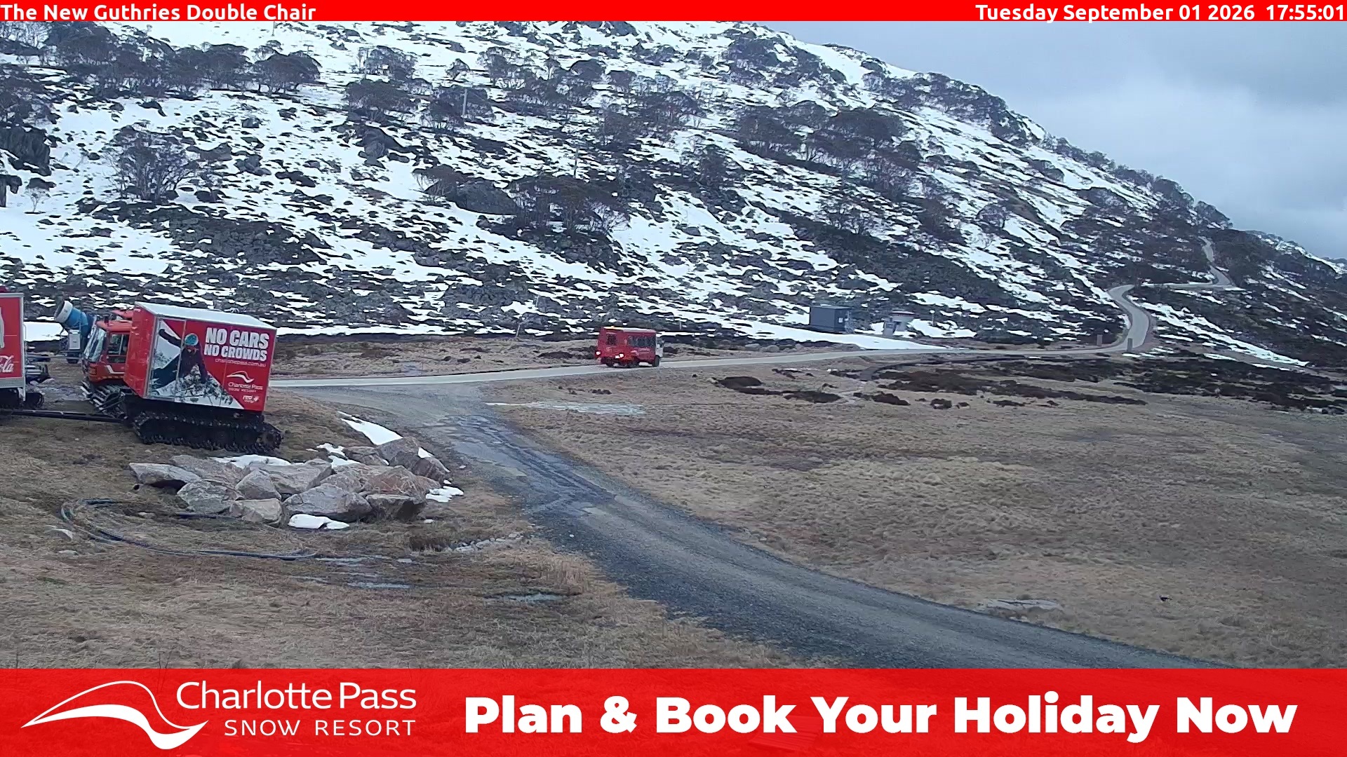 Charlotte Pass Guthries Double Chair snow cam captured at 1 September 2026 at 6:03 pm AEST