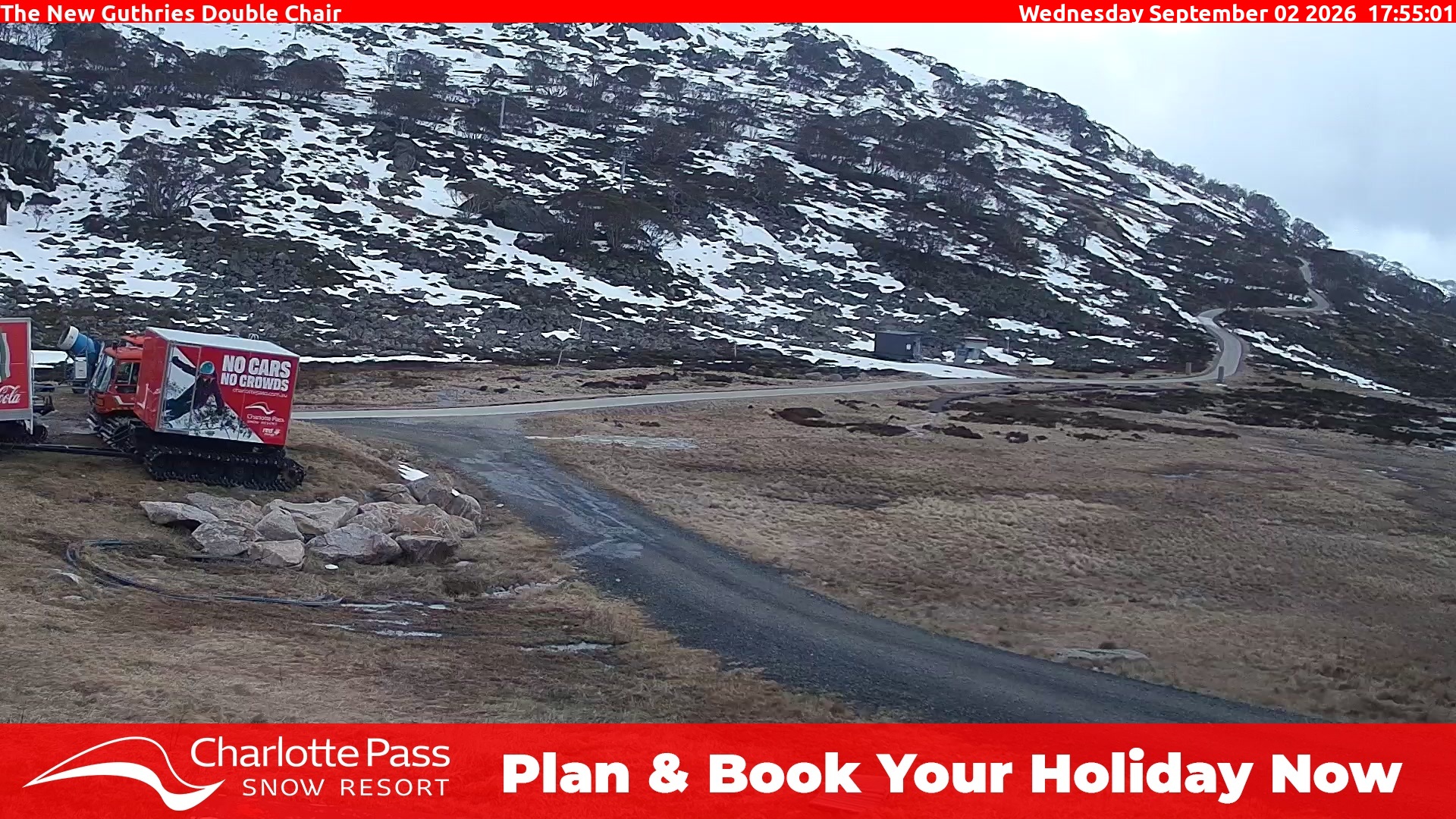 Charlotte Pass Guthries Double Chair snow cam captured at 2 September 2026 at 5:59 pm AEST