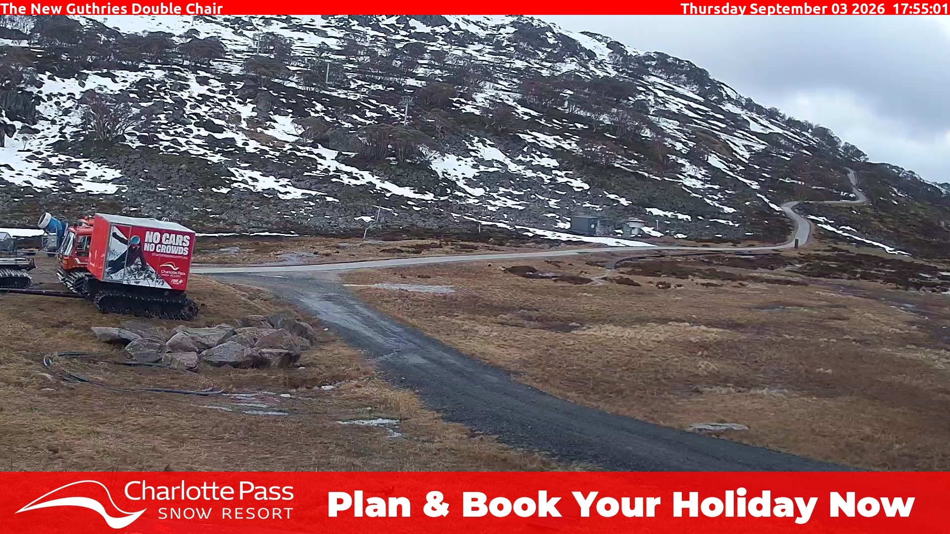 Charlotte Pass Guthries Double Chair snow cam captured at 3 September 2026 at 6:03 pm AEST