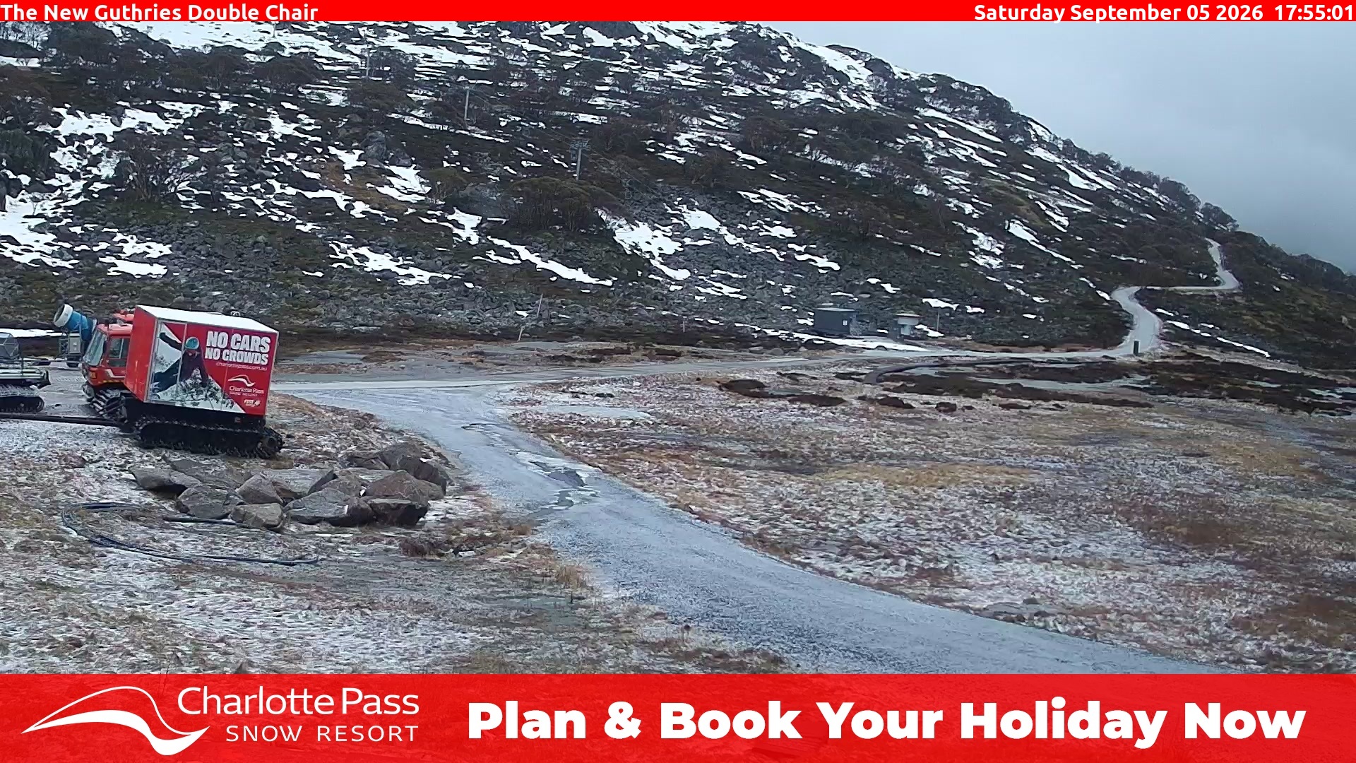 Charlotte Pass Guthries Double Chair snow cam captured at 5 September 2026 at 5:56 pm AEST