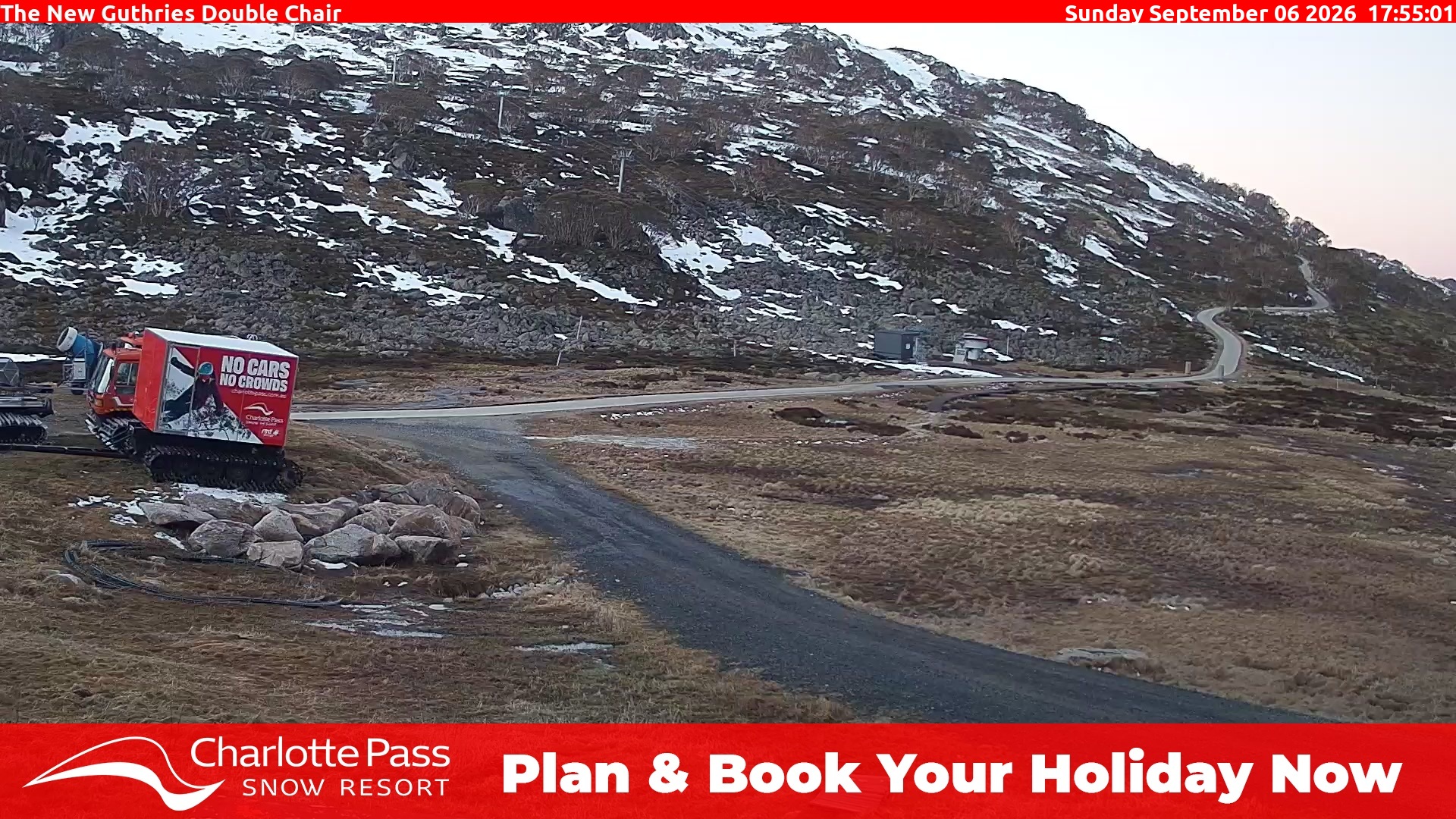 Charlotte Pass Guthries Double Chair snow cam captured at 6 September 2026 at 5:56 pm AEST