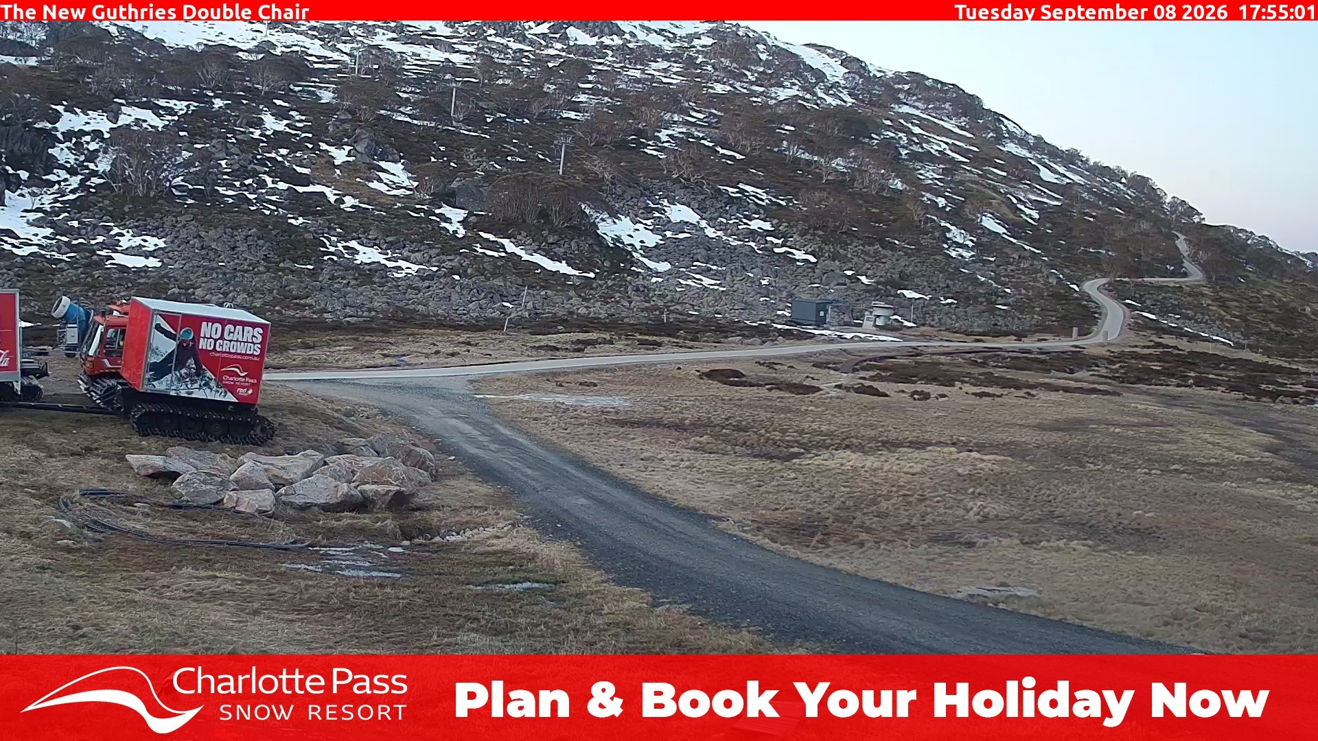 Charlotte Pass Guthries Double Chair snow cam captured at 8 September 2026 at 6:00 pm AEST