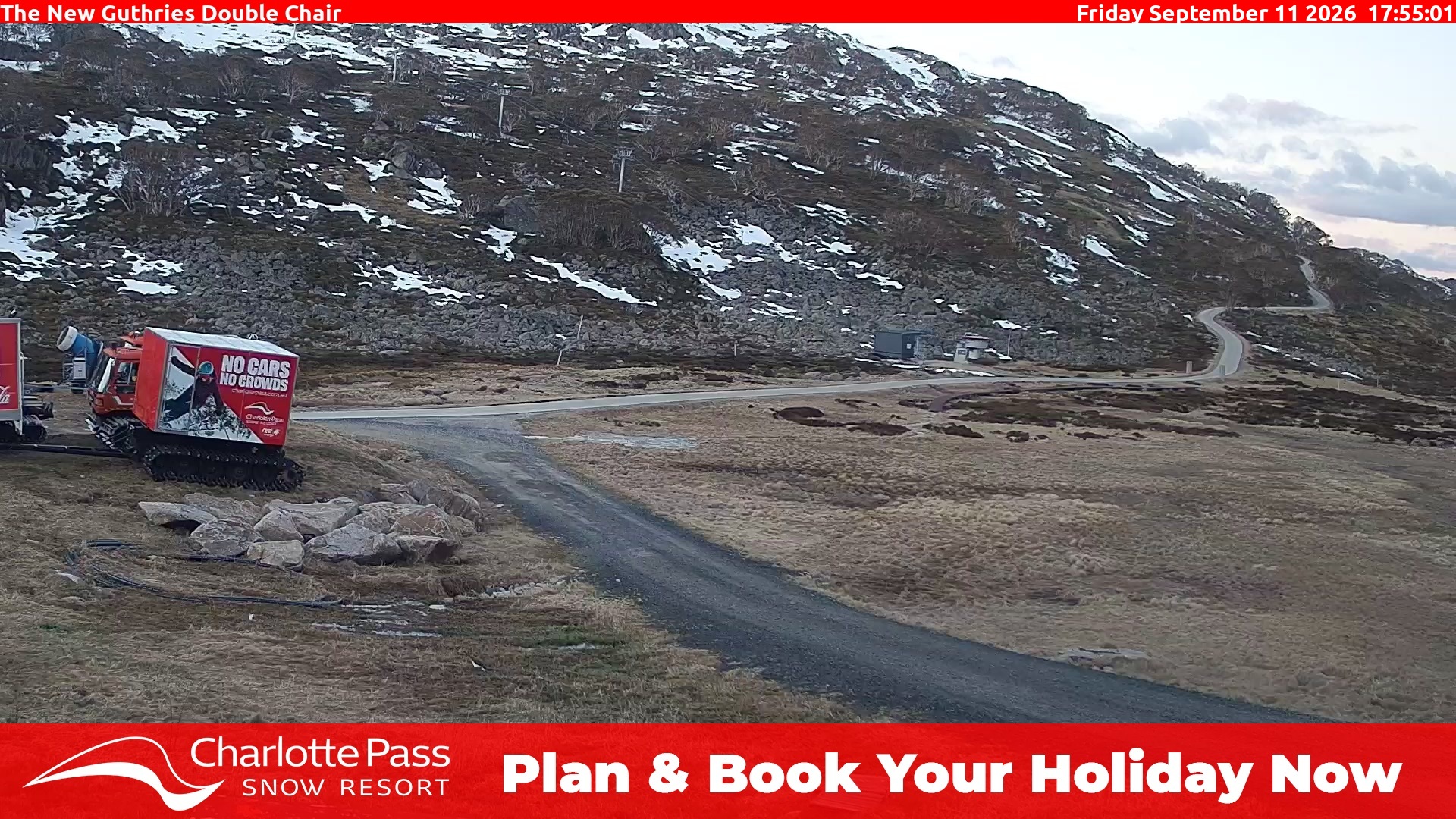 Charlotte Pass Guthries Double Chair snow cam captured at 11 September 2026 at 5:57 pm AEST