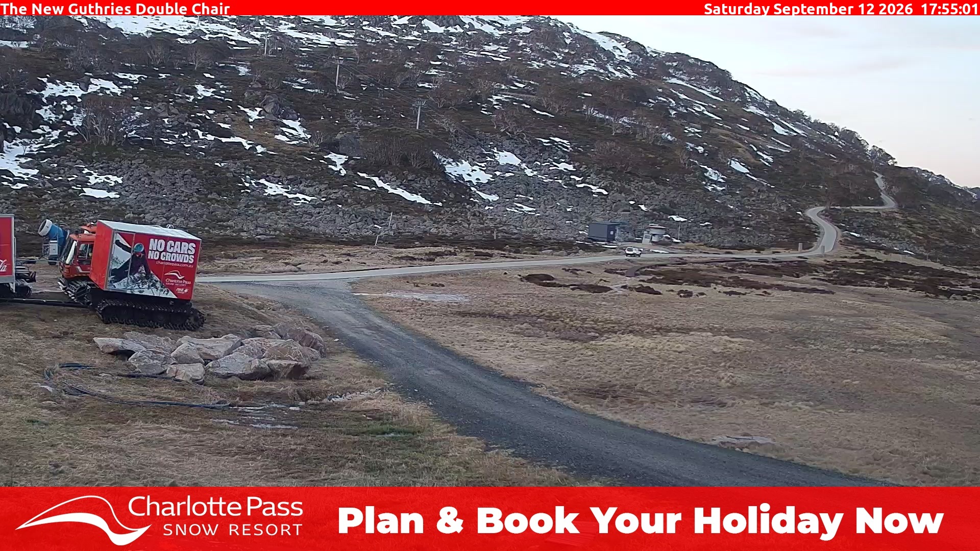 Charlotte Pass Guthries Double Chair snow cam captured at 12 September 2026 at 6:01 pm AEST