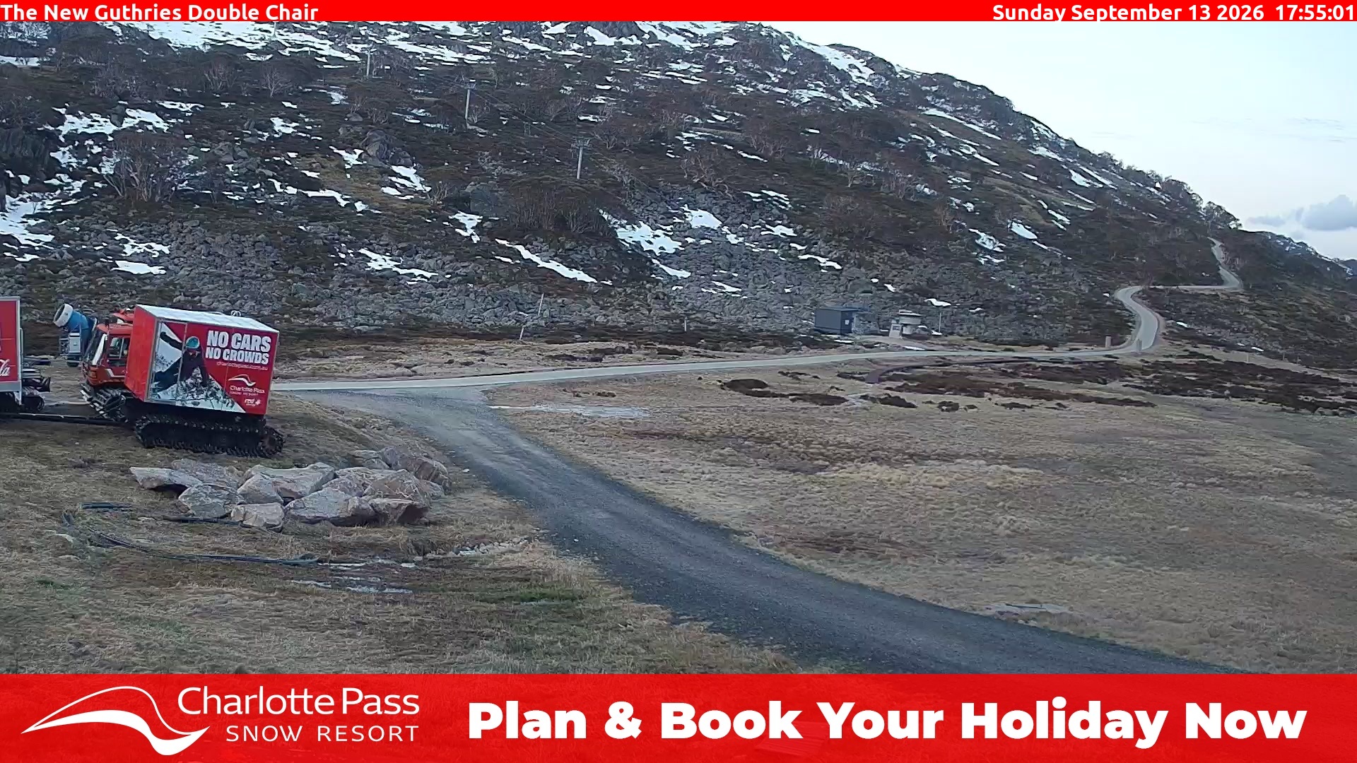 Charlotte Pass Guthries Double Chair snow cam captured at 13 September 2026 at 6:00 pm AEST