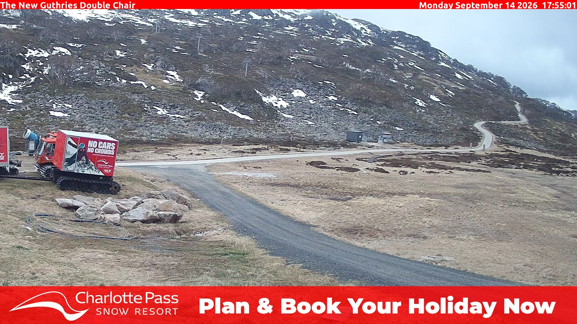 Charlotte Pass Guthries Double Chair snow cam captured at 14 September 2026 at 6:04 pm AEST