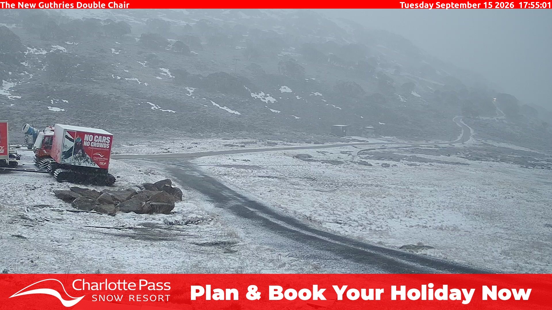 Charlotte Pass Guthries Double Chair snow cam captured at 15 September 2026 at 6:00 pm AEST