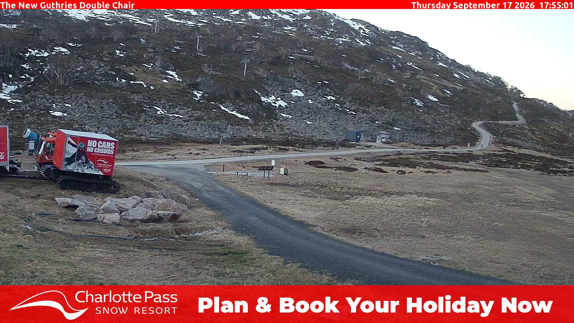 Charlotte Pass Guthries Double Chair snow cam captured at 17 September 2026 at 5:58 pm AEST